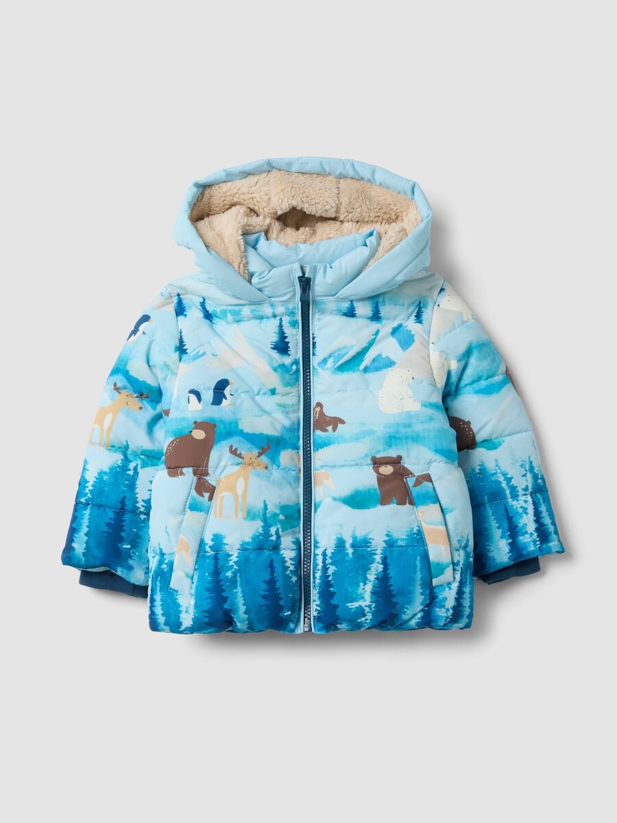 Blue padded hooded jacket with animal print, regular fit_0