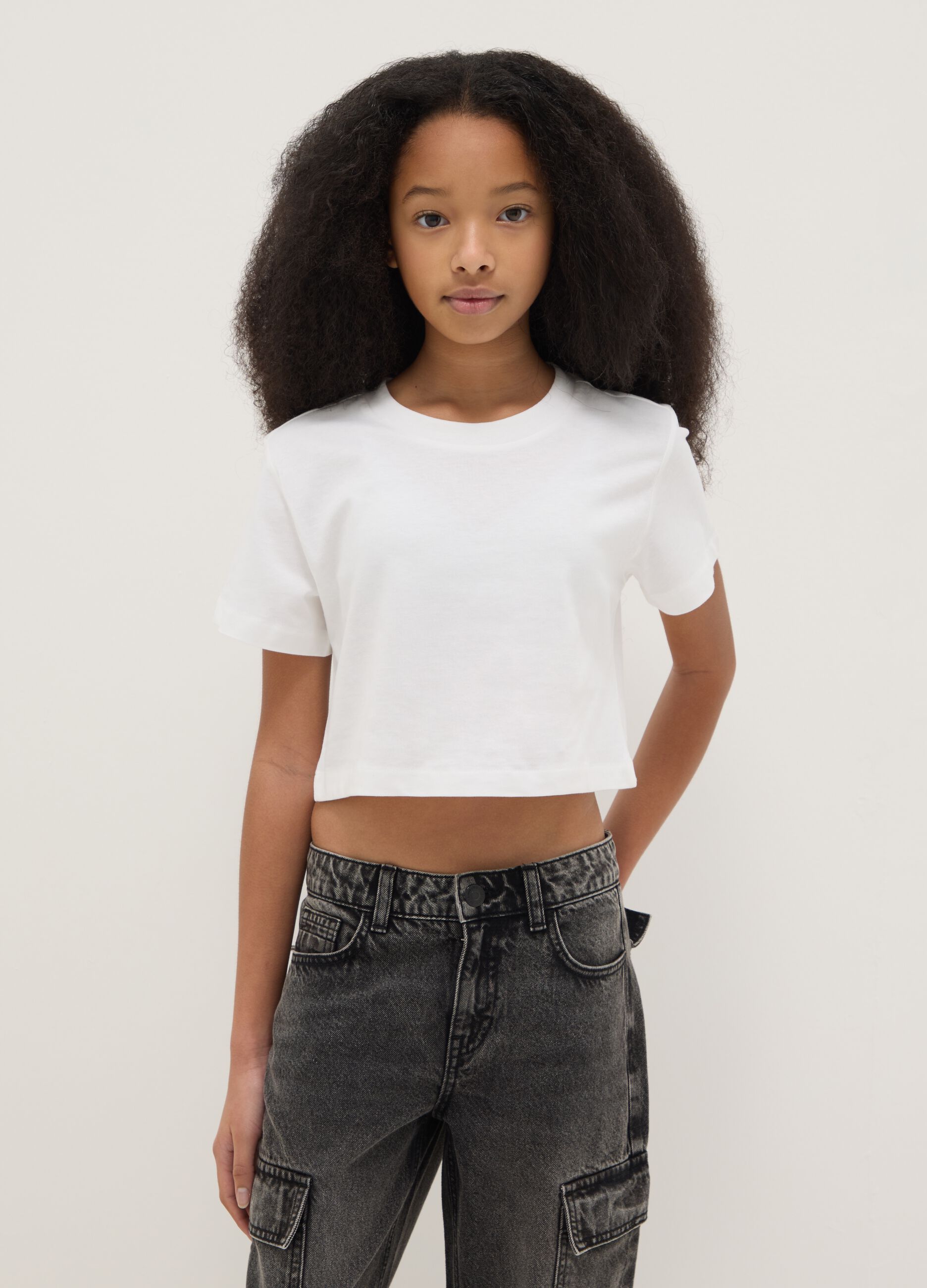 Girls' white pure cotton boxy fit T-shirt