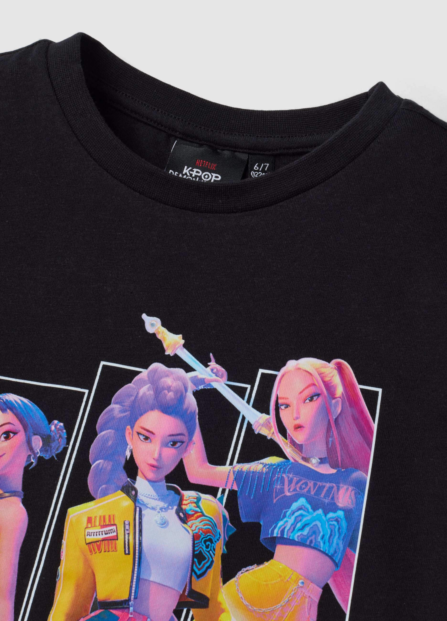 Black pure cotton T-shirt with K-Pop Demon Hunters print for girls