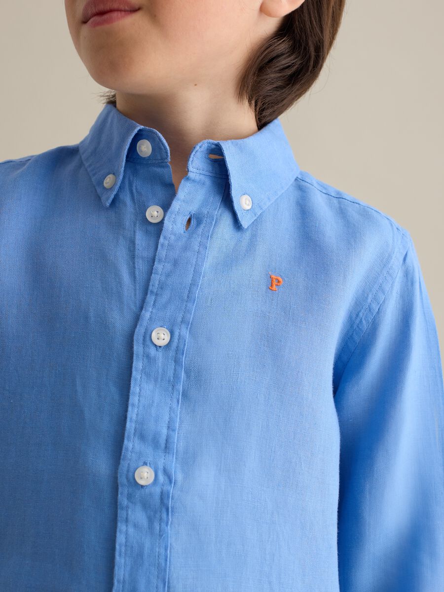 Sky blue linen shirt with logo embroidery_1
