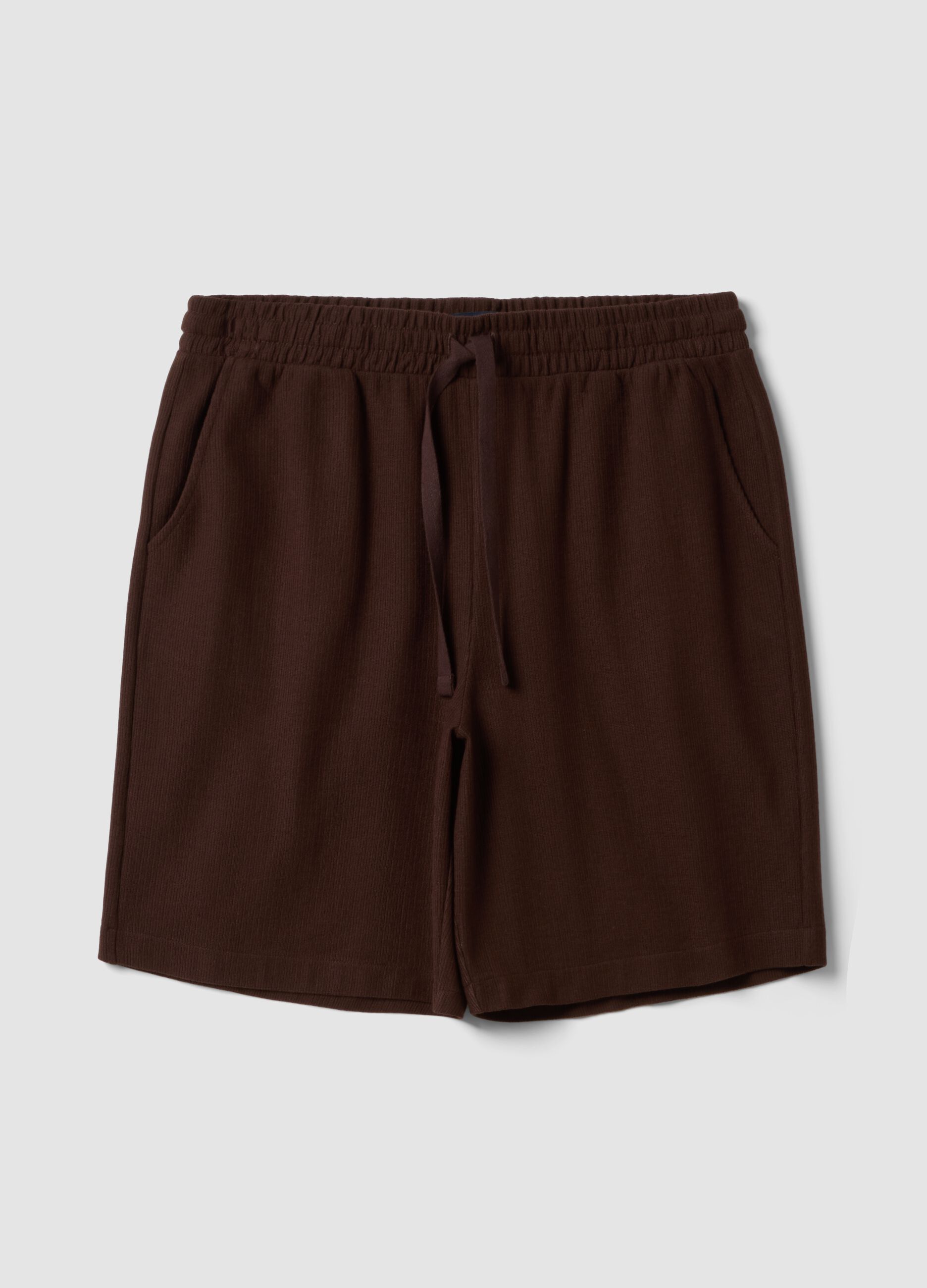 Brown cotton-blend jogger shorts with drawstring, relaxed fit