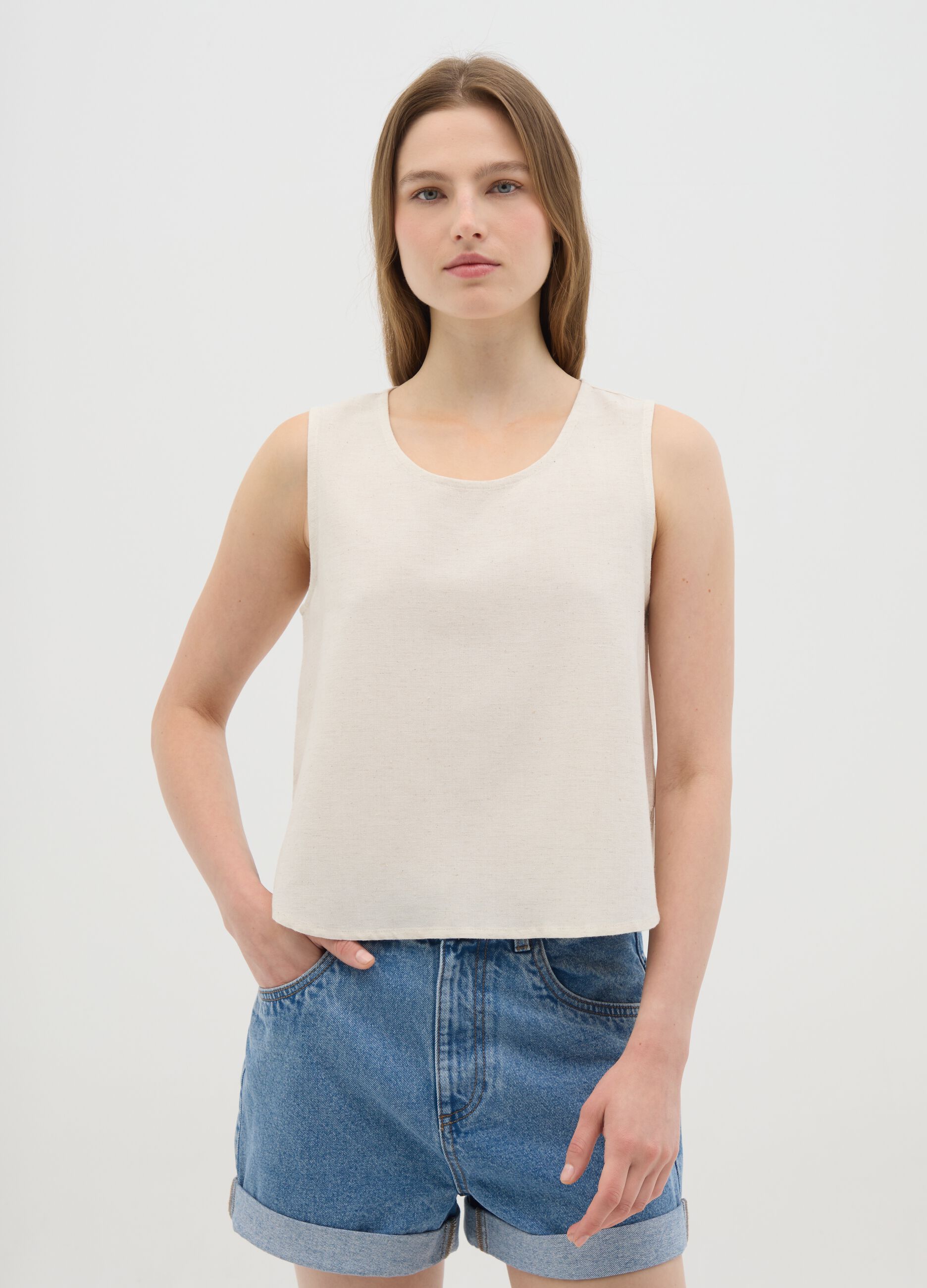 Women's beige cotton blend regular fit tank top