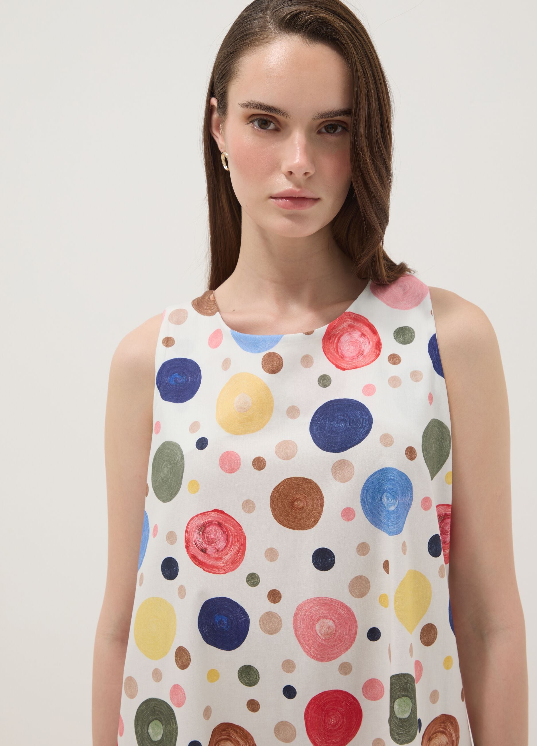 Sleeveless multicolour stretch-cotton dress with ruffle hem