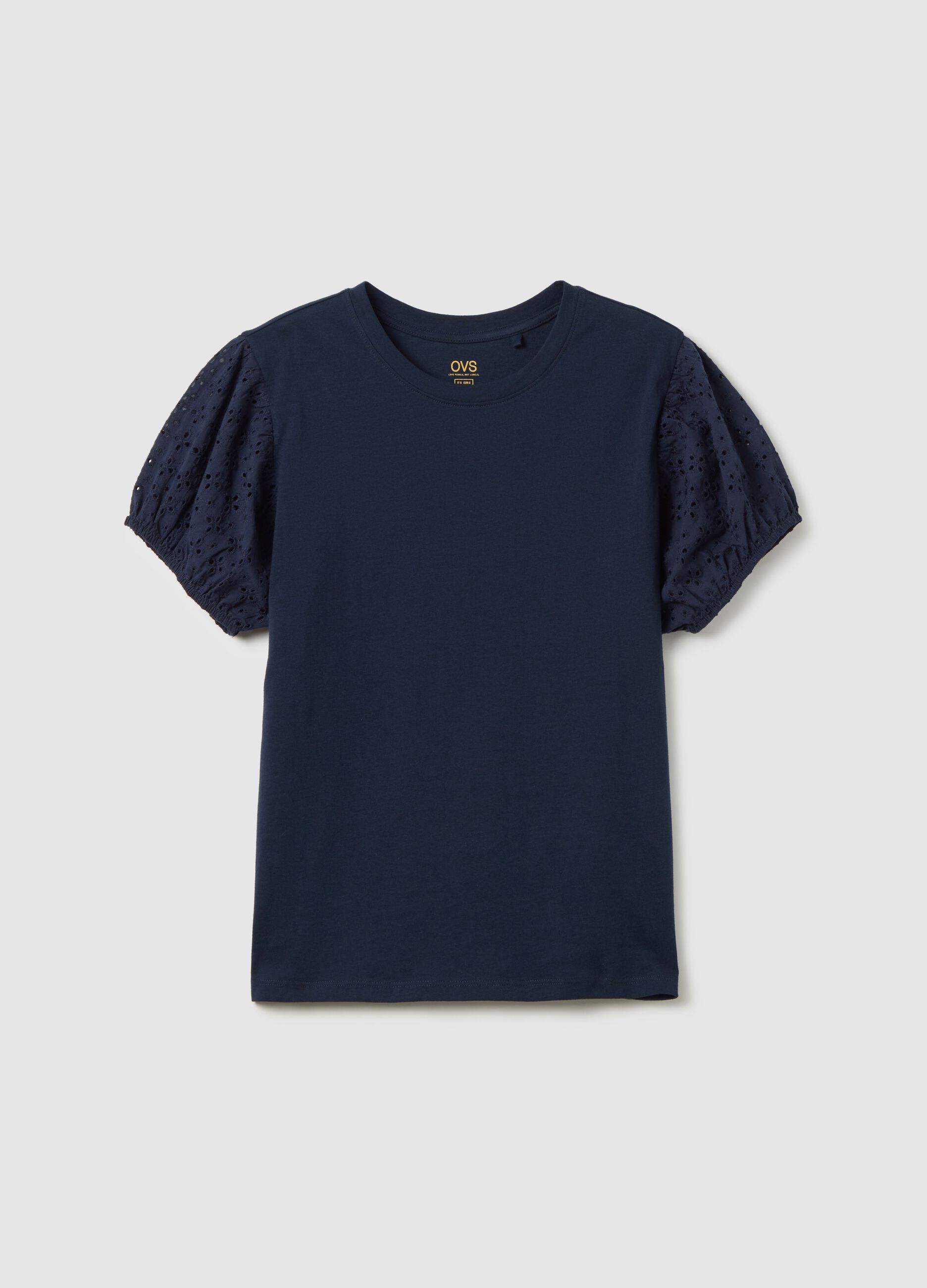 Blue cotton T-shirt with embroidered short sleeves