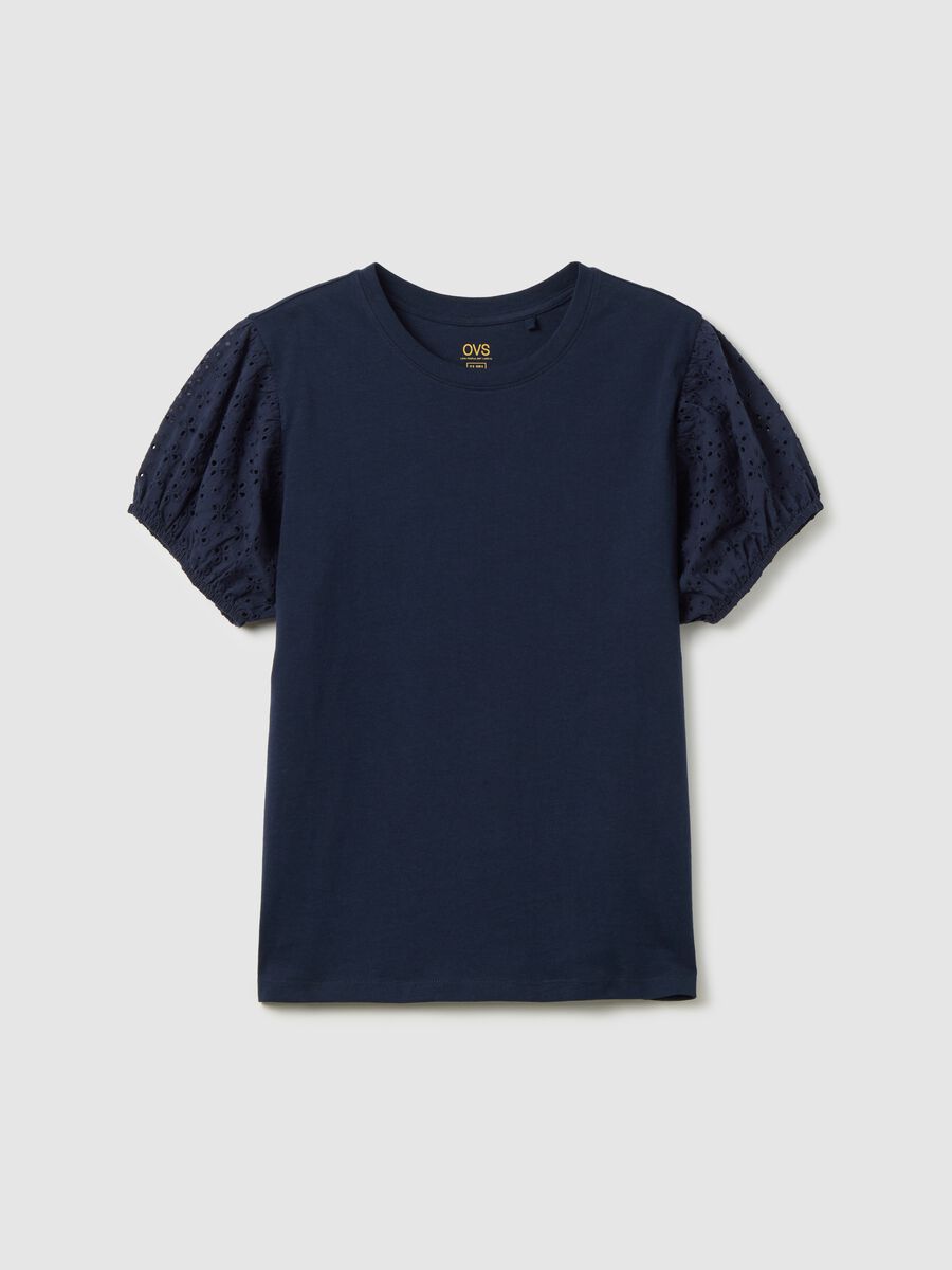 Blue cotton T-shirt with embroidered short sleeves_4