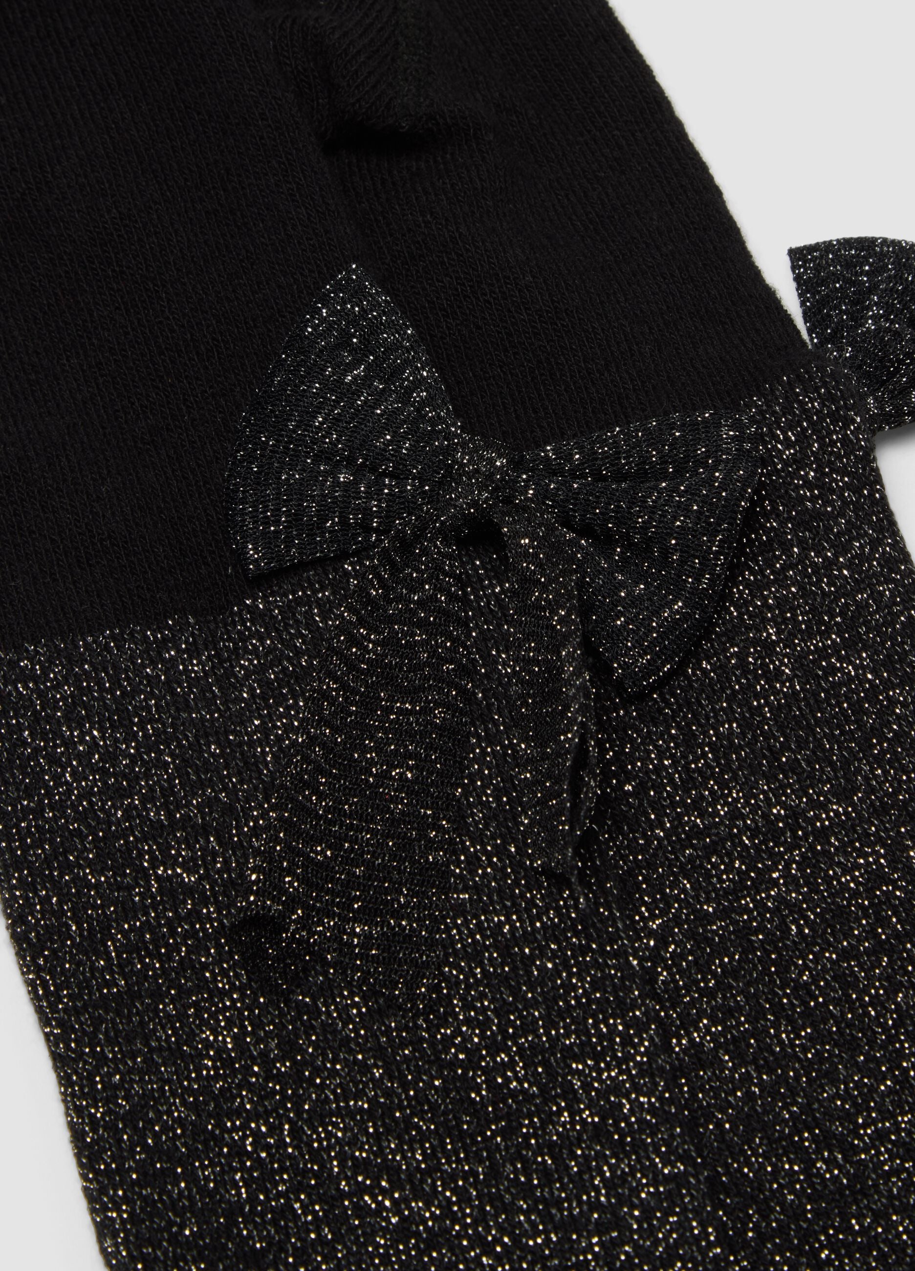 Collant nero in cotone organico elasticizzato con fiocco e brillantini