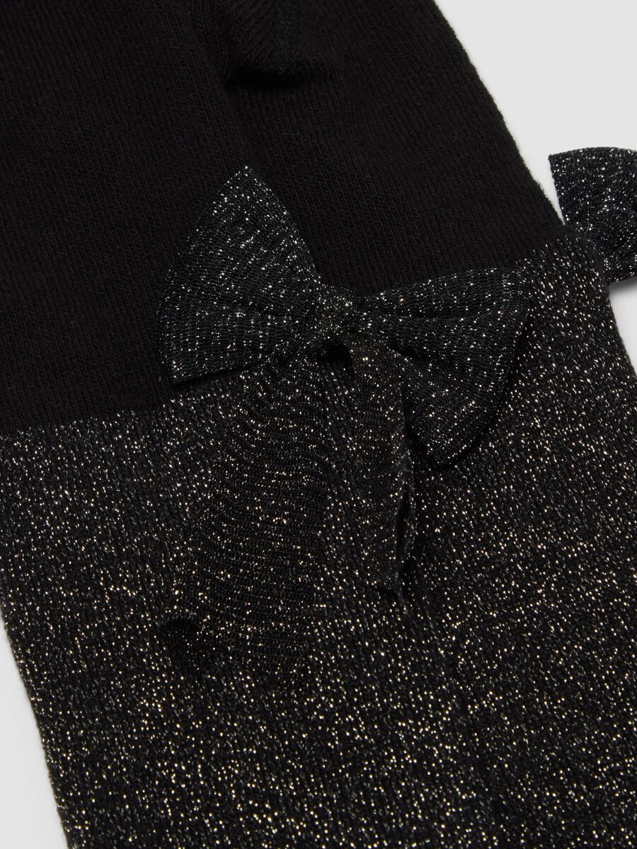 Black stretch organic cotton tights with bow and glitter details_2