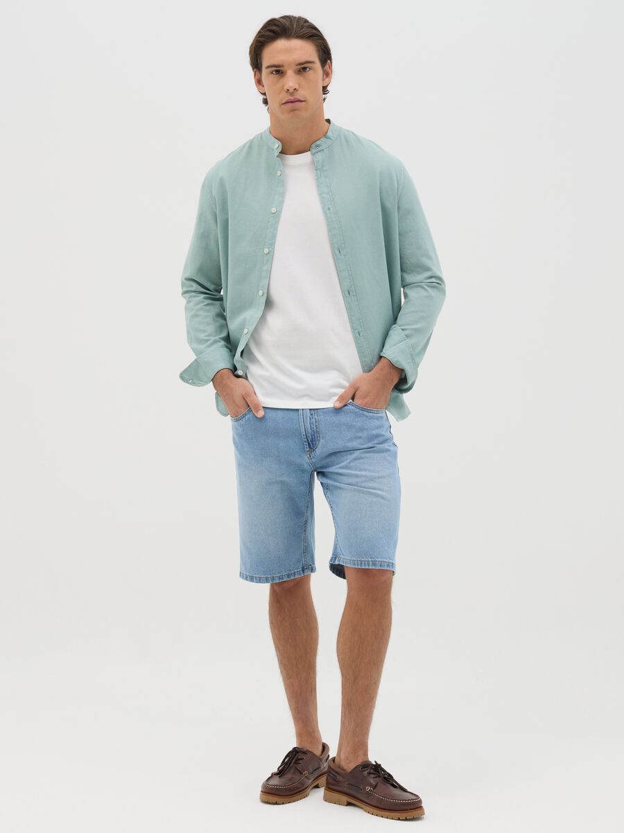 Light blue shirt in cotton and linen with Mandarin collar_1