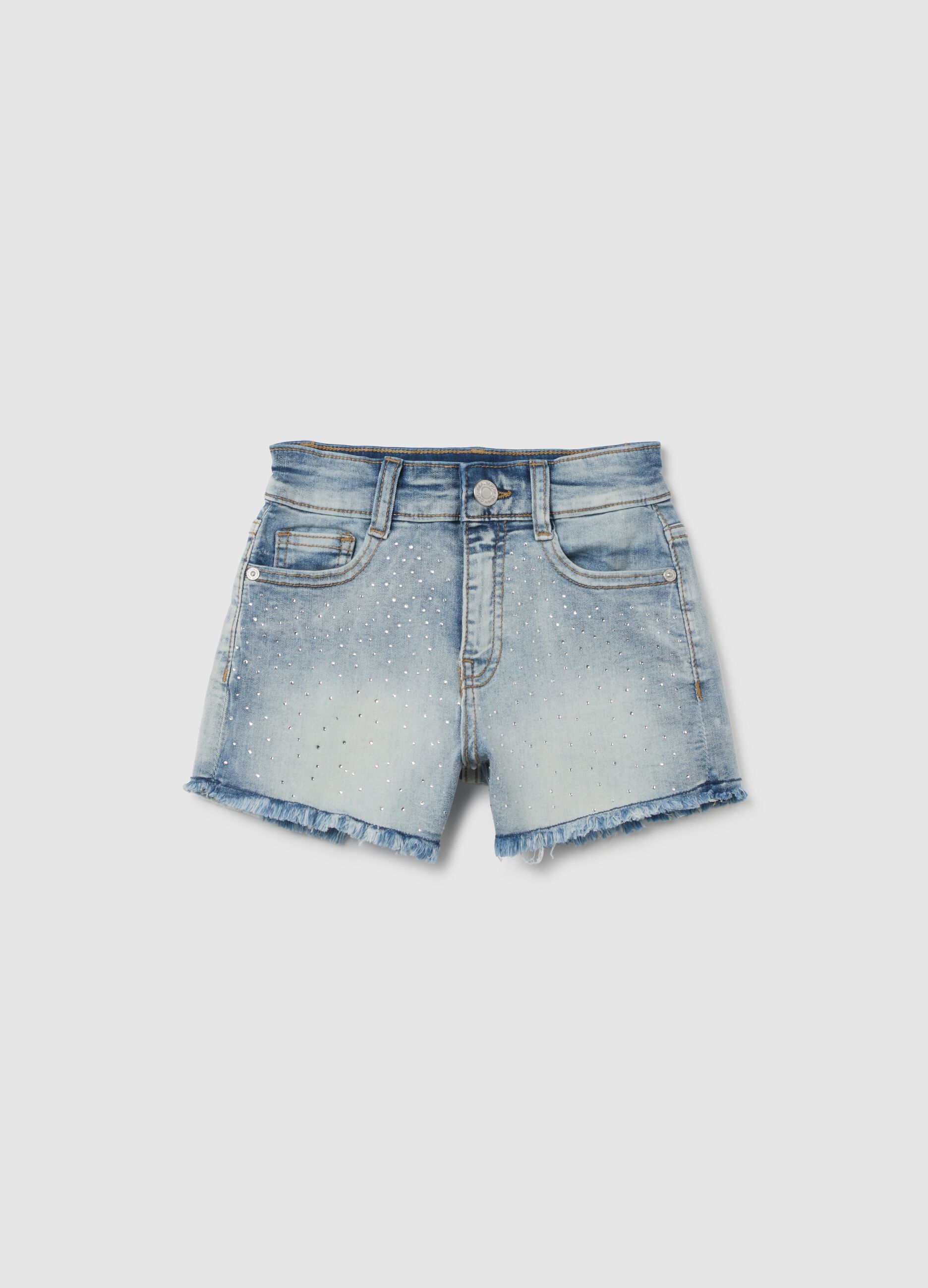 Girls' Slim Fit Blue Denim Shorts with Rhinestones