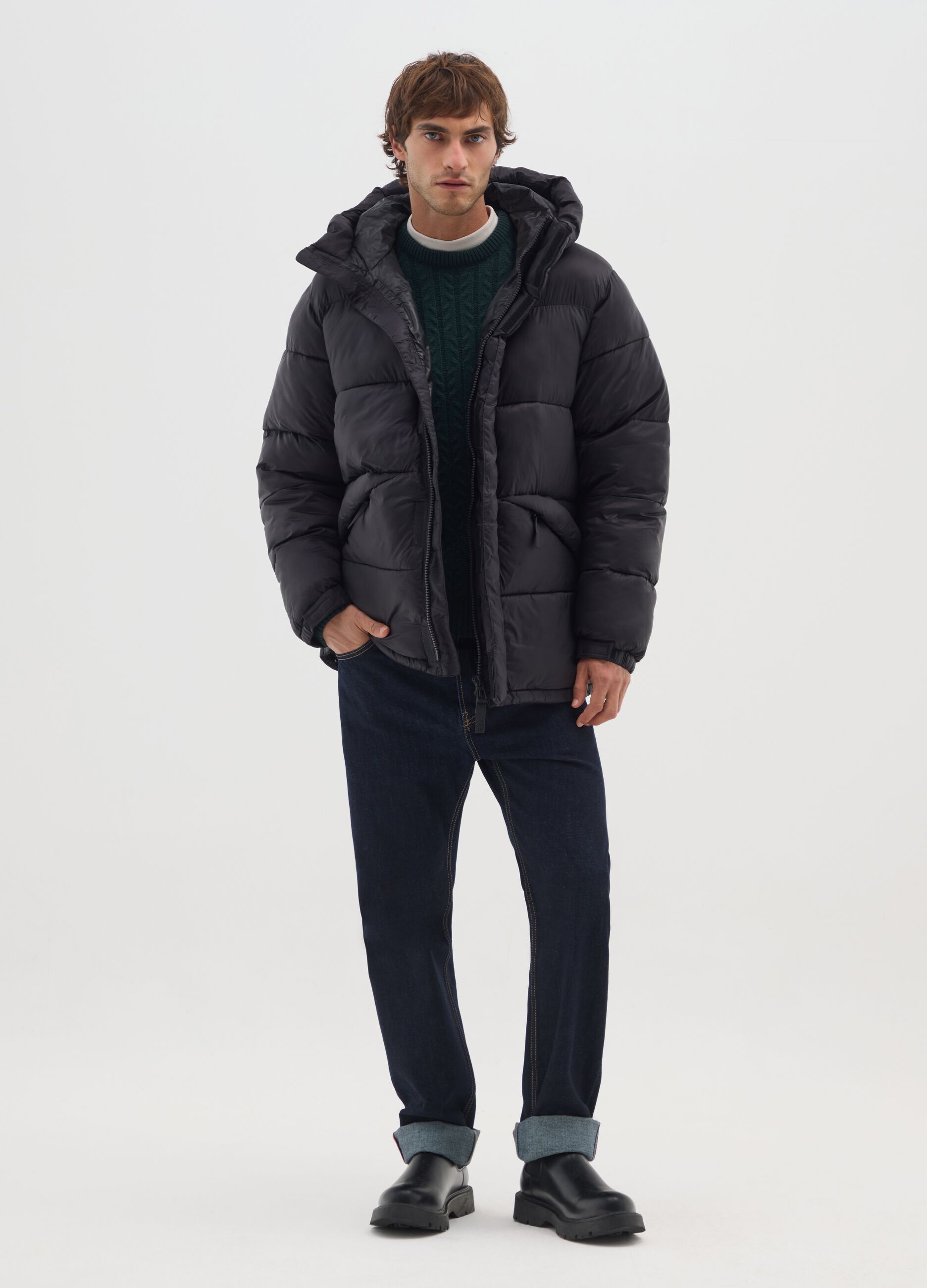Black Iconic Puffer with Adjustable Hood