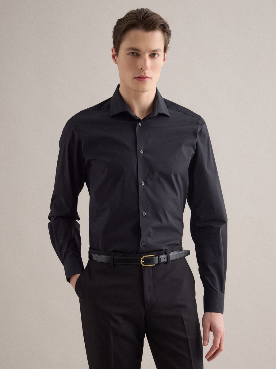 Slim Fit Black Cotton Stretch Shirt_0
