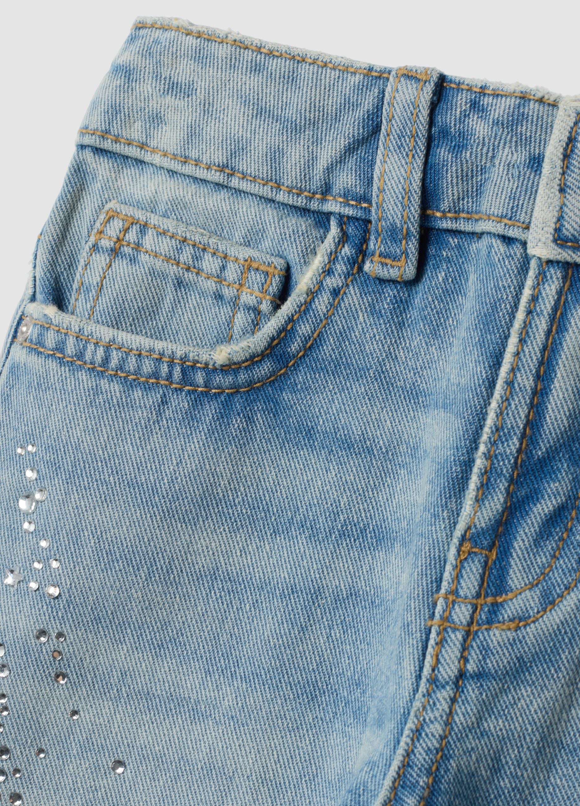 Pure cotton straight-fit denim jeans with rhinestones