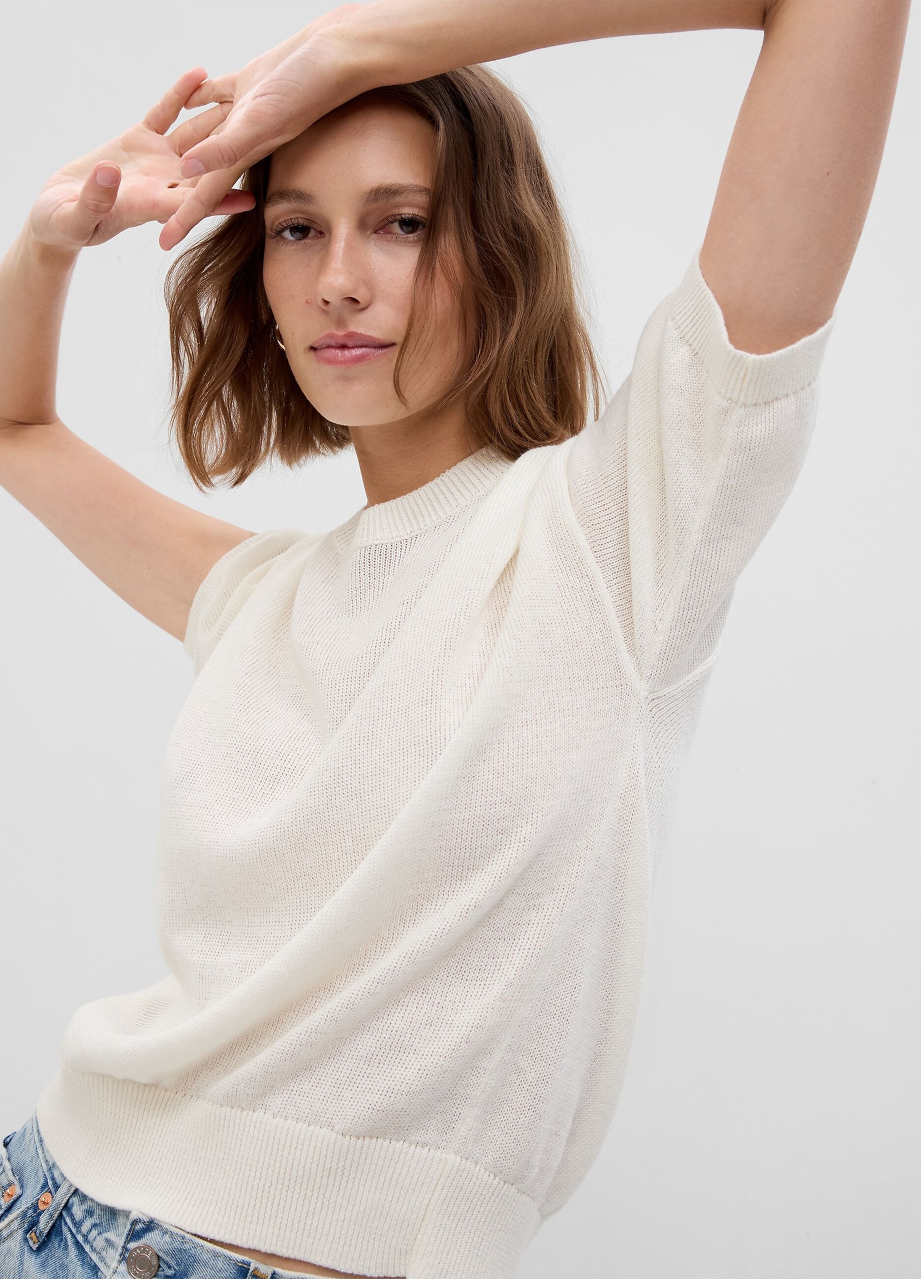 Elbow-length pullover in linen and cotton
