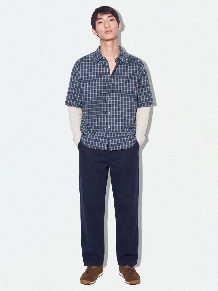 Camicia cropped blu a quadri in puro cotone con maniche doppie over fit_1