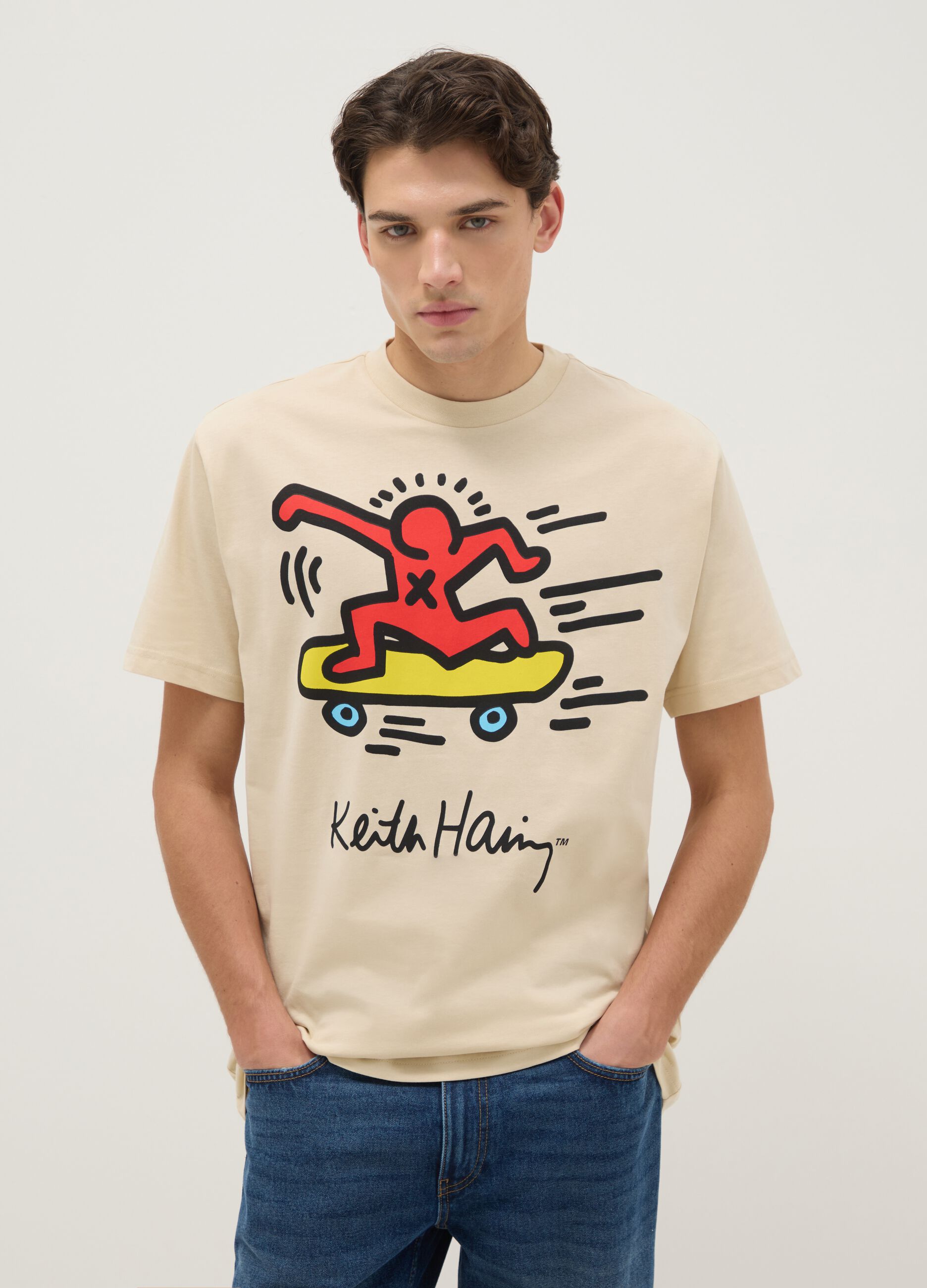 Beige regular fit pure cotton t-shirt with print