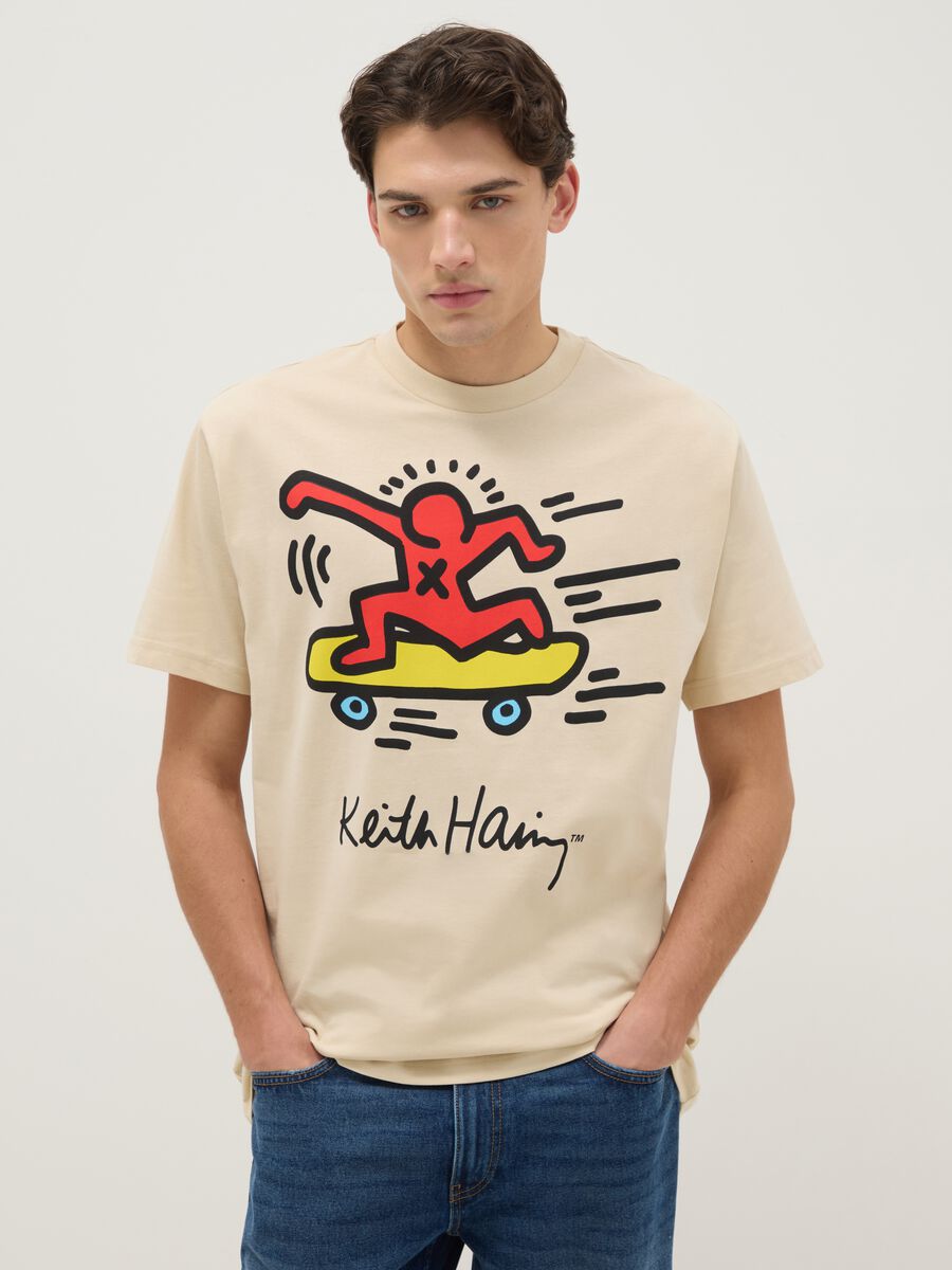 T-shirt in puro cotone beige regular fit con stampa_0