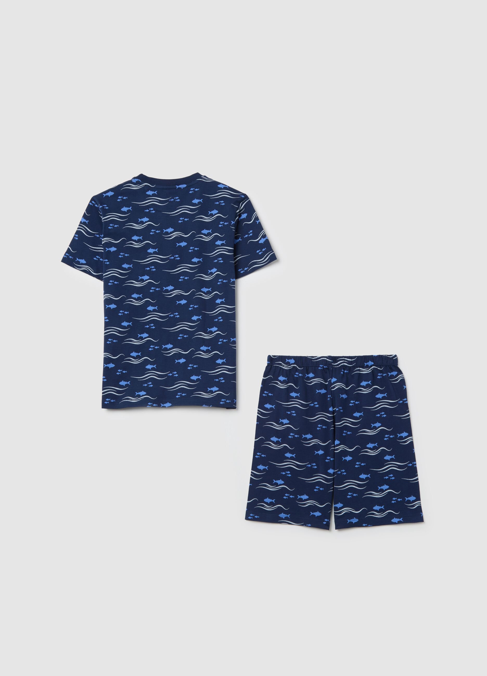 Blue pyjamas in cotton with fish print
