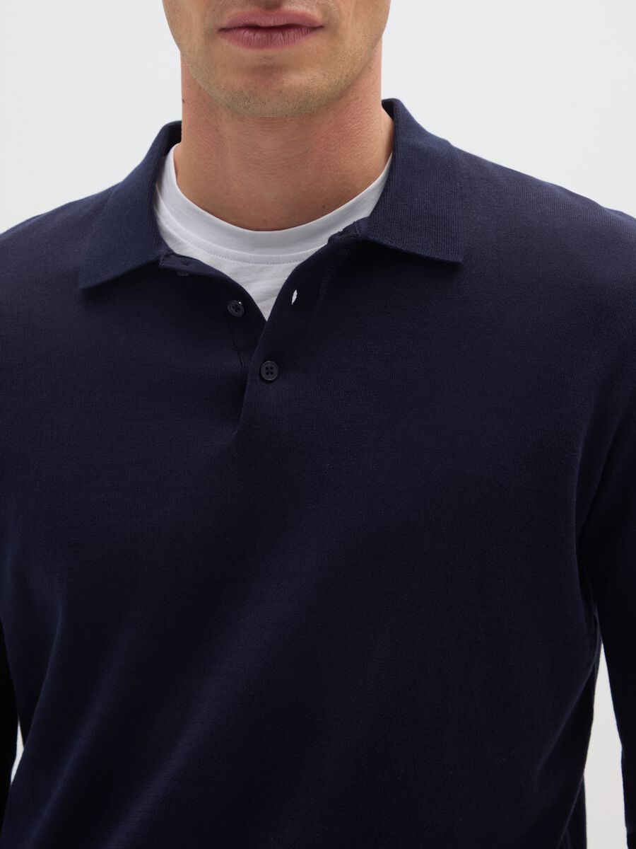Polo a maniche lunghe in misto cotone e seta blu regular fit_3