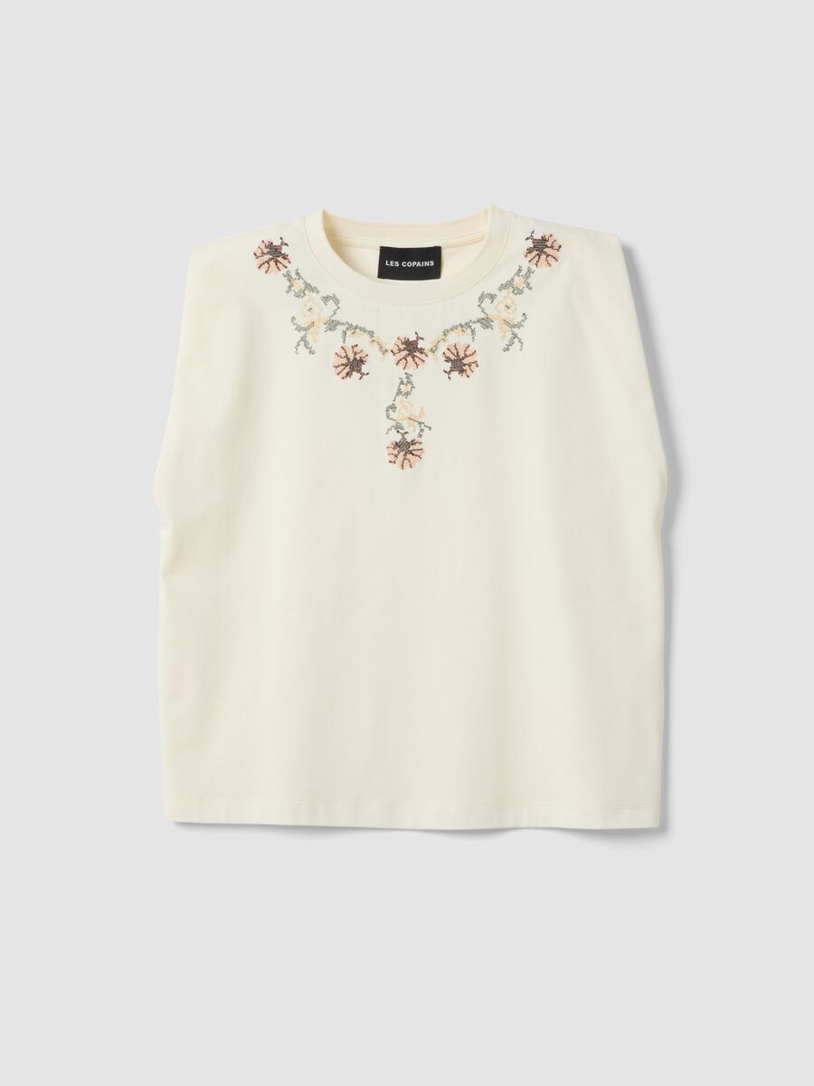 Sleeveless white cotton blend regular fit t-shirt with embroidery_4