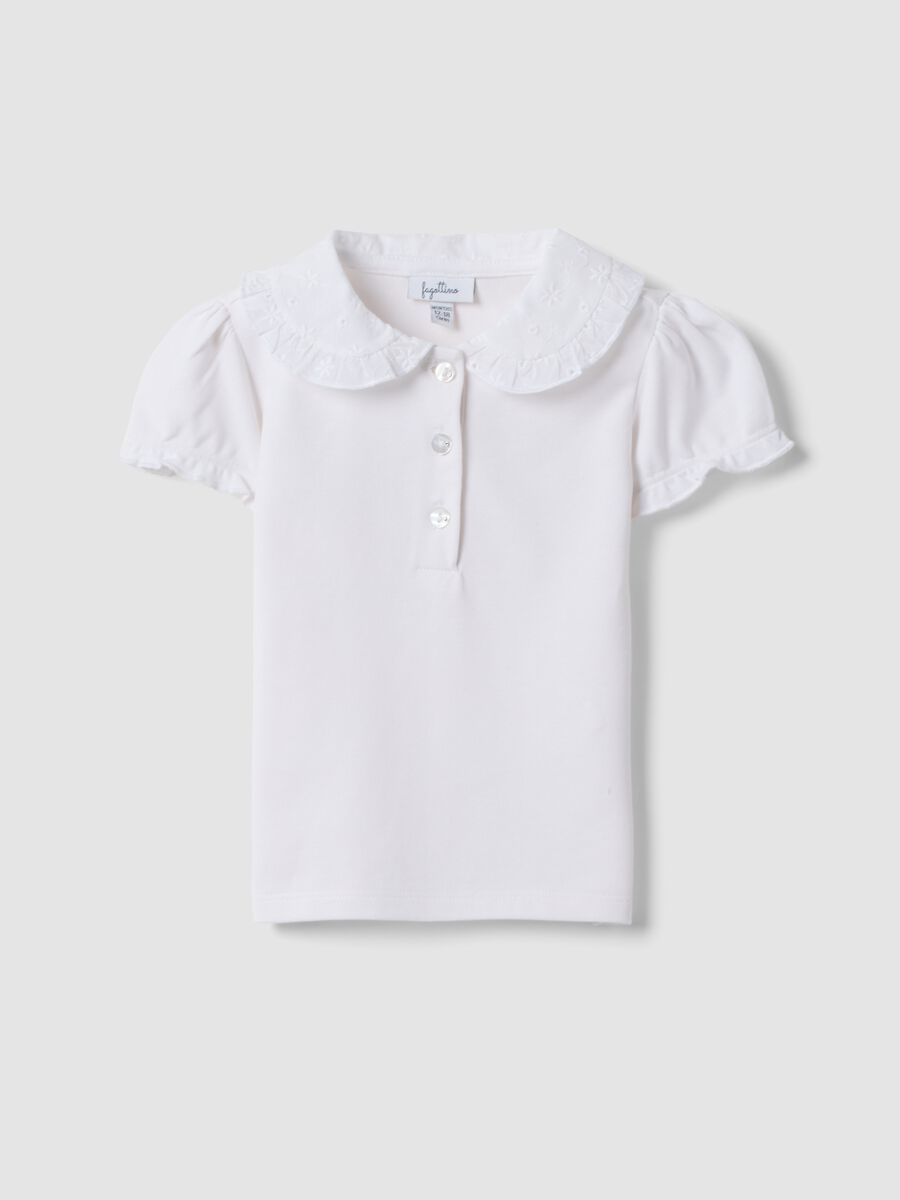 White short-sleeve stretch-cotton polo with ruffled collar_0