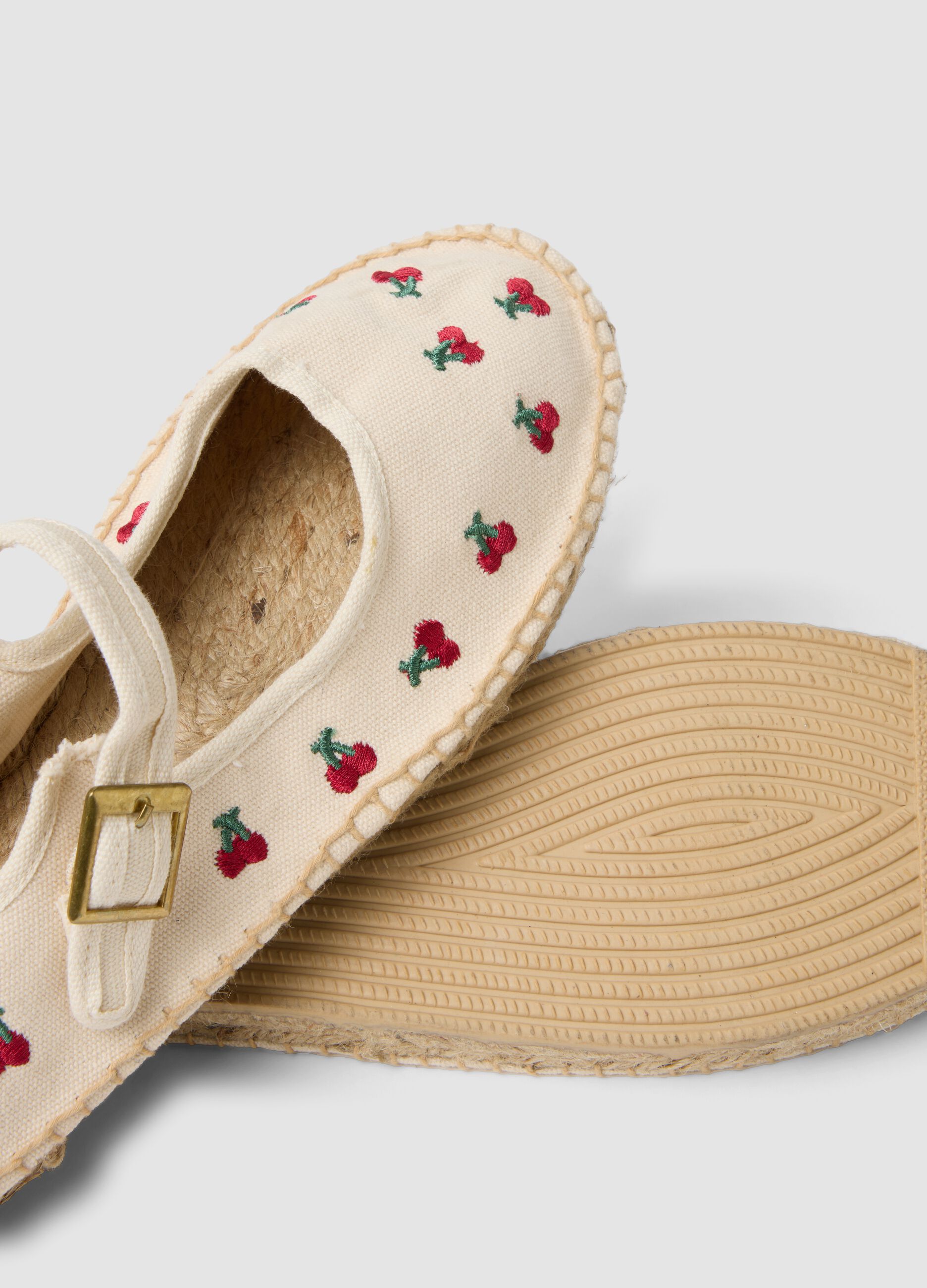 Beige espadrilles with cherry embroidery and ankle strap