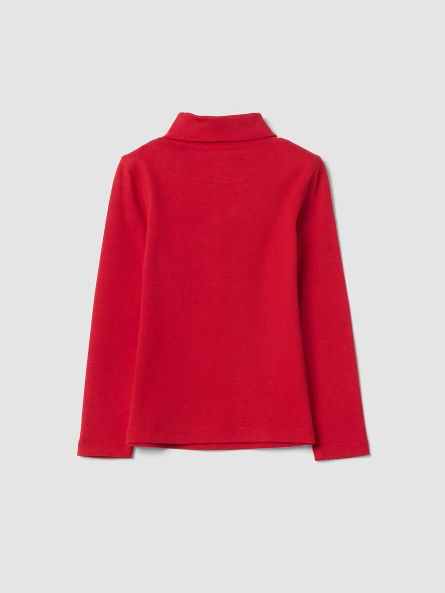 T-shirt rossa in puro cotone dolcevita con stampa fiocco_1