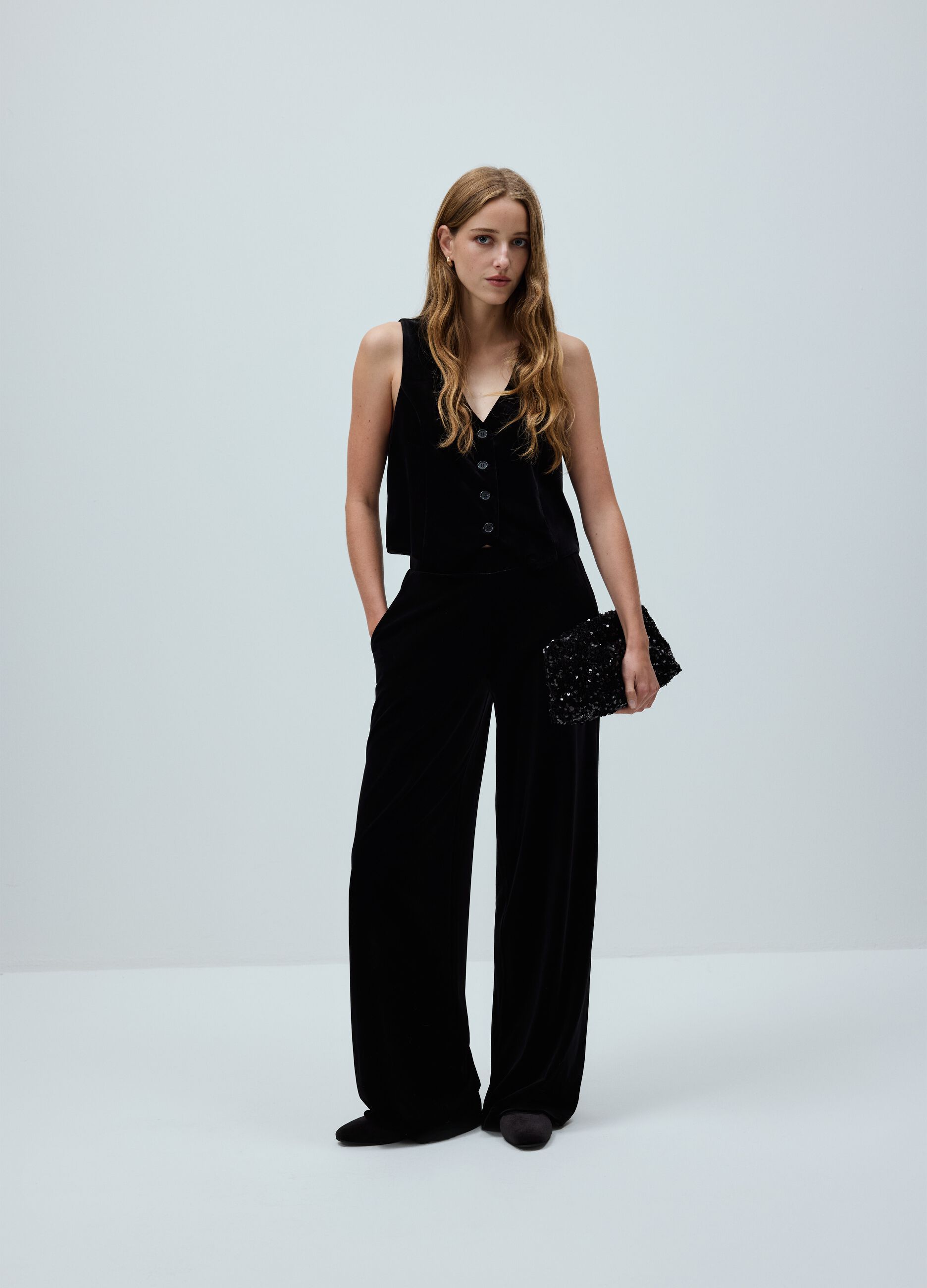 Black Velour Wide Leg Trousers