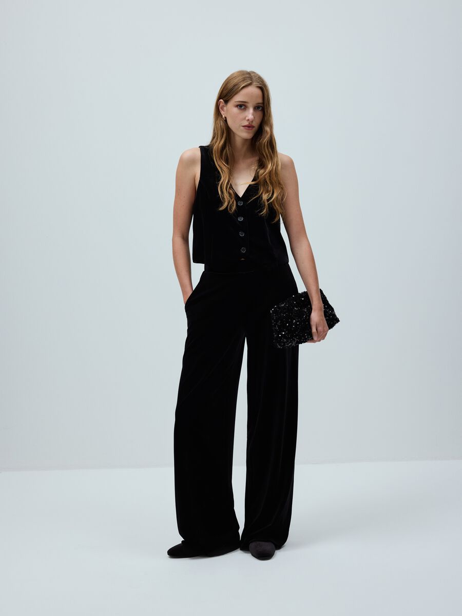 Black Velour Wide Leg Trousers_0