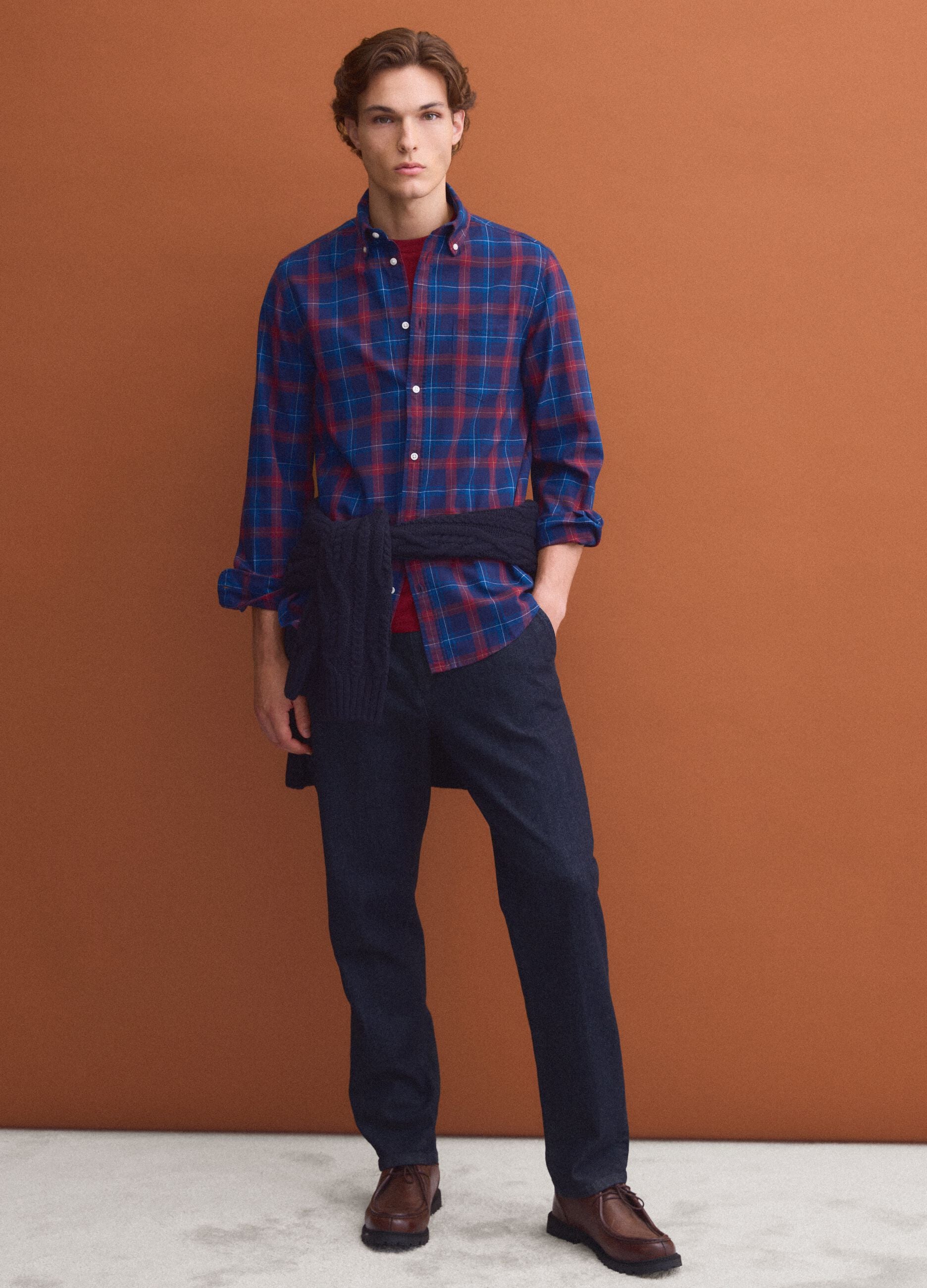 Blue checked Oxford shirt in pure cotton, regular fit