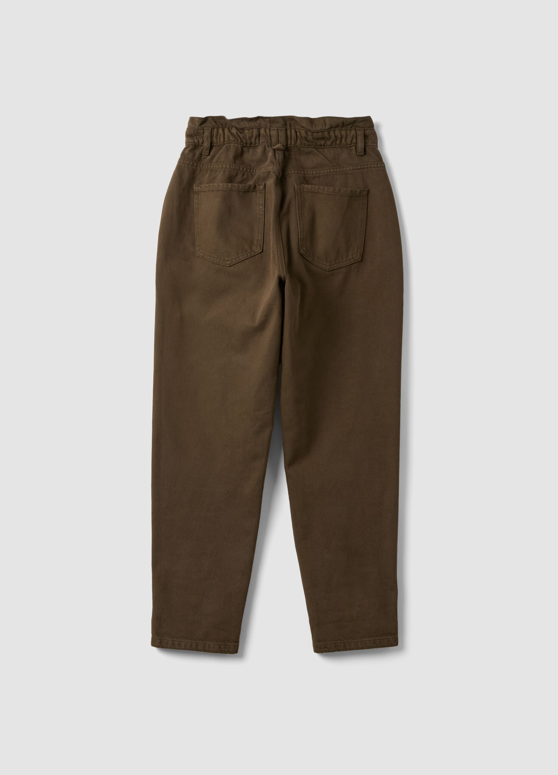Brown denim baggy-fit jeans in pure cotton with paperbag waist