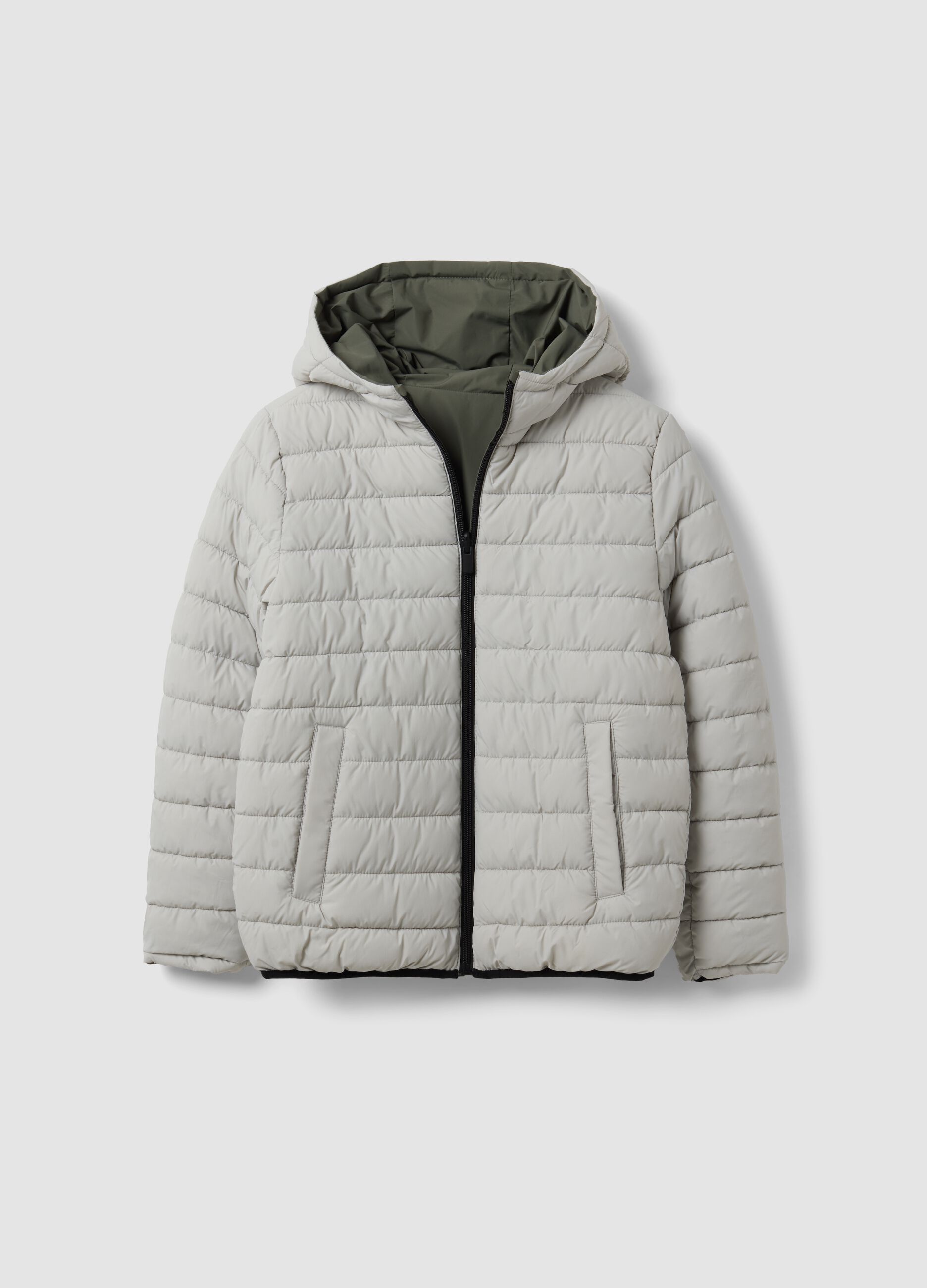 Ultralight Reversible Padded Hooded Jacket in Grey and Green