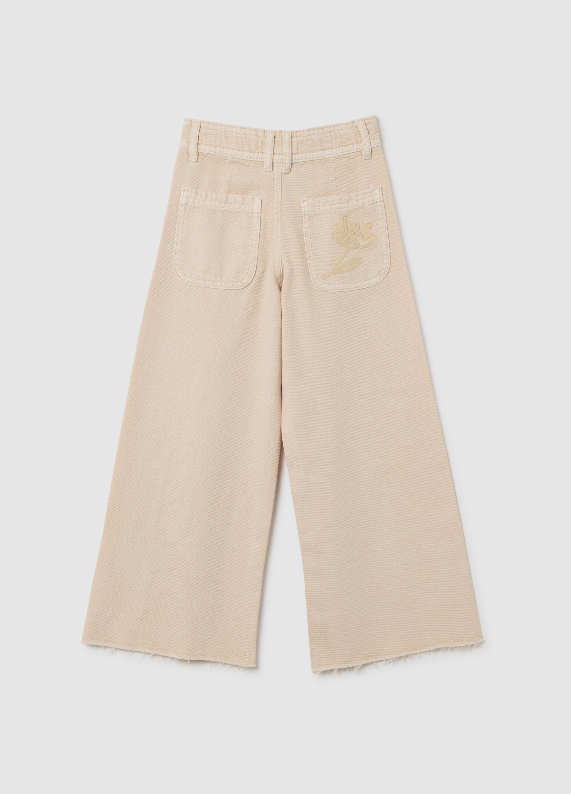 Girls' wide-leg beige cotton trousers