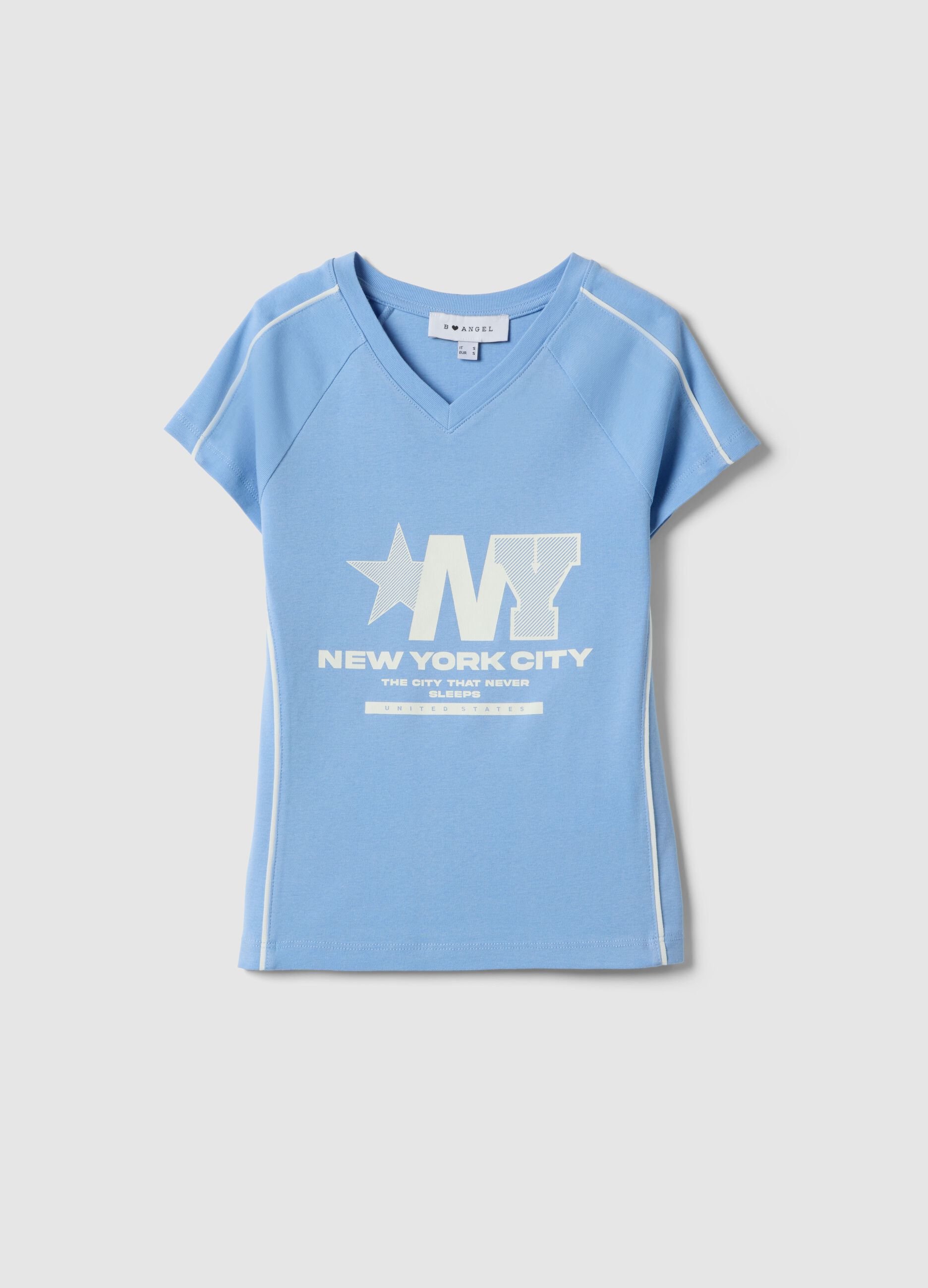 Blue pure cotton slim fit V-neck T-shirt with print