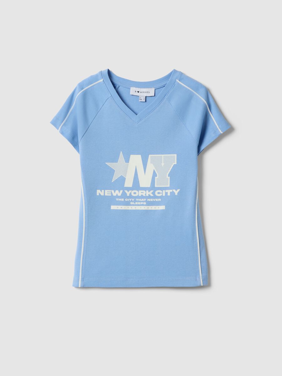 Blue pure cotton slim fit V-neck T-shirt with print_0