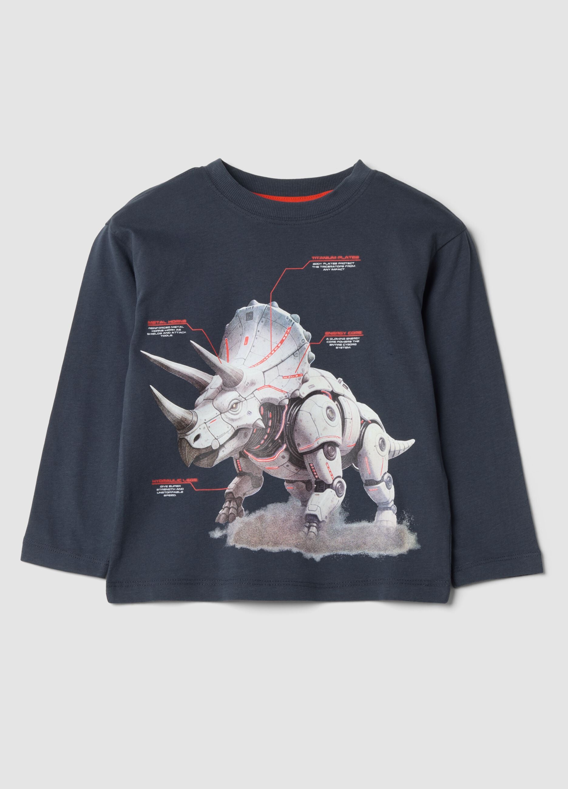 T-shirt grigia girocollo in puro cotone organico con stampa dinosauro