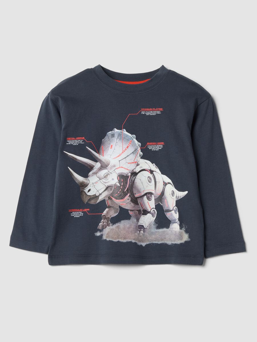 T-shirt grigia girocollo in puro cotone organico con stampa dinosauro_0
