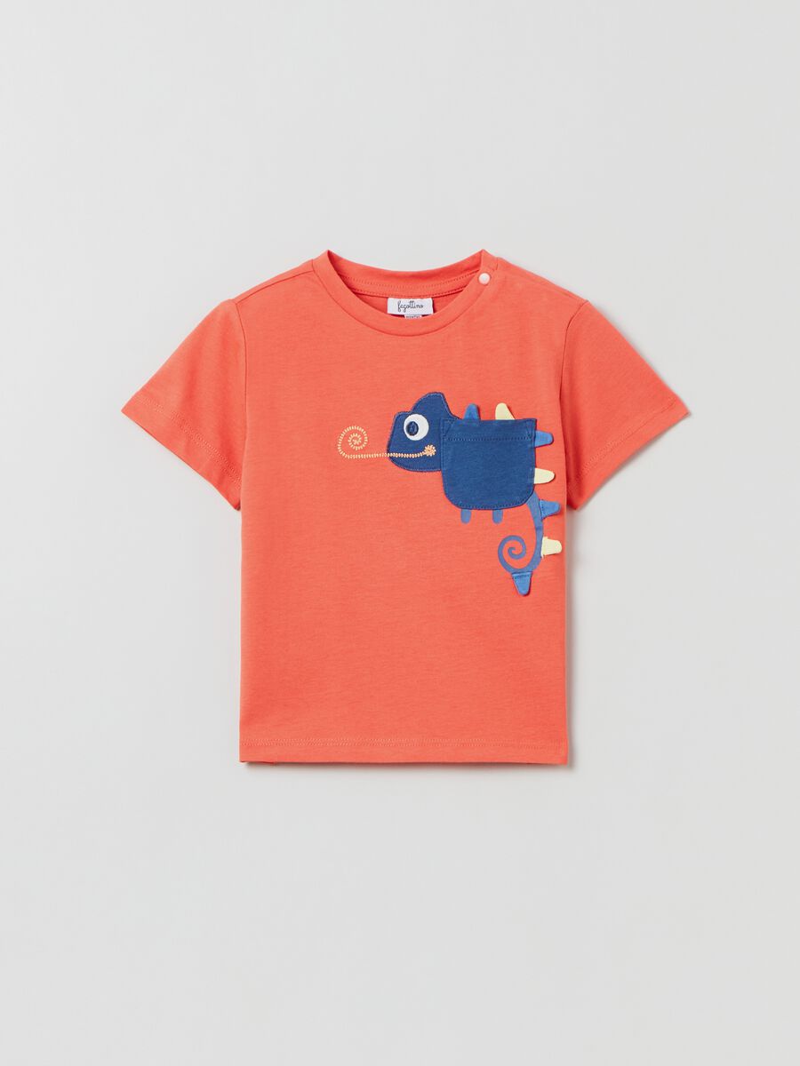 T-shirt in cotone con ricamo camaleonte_0