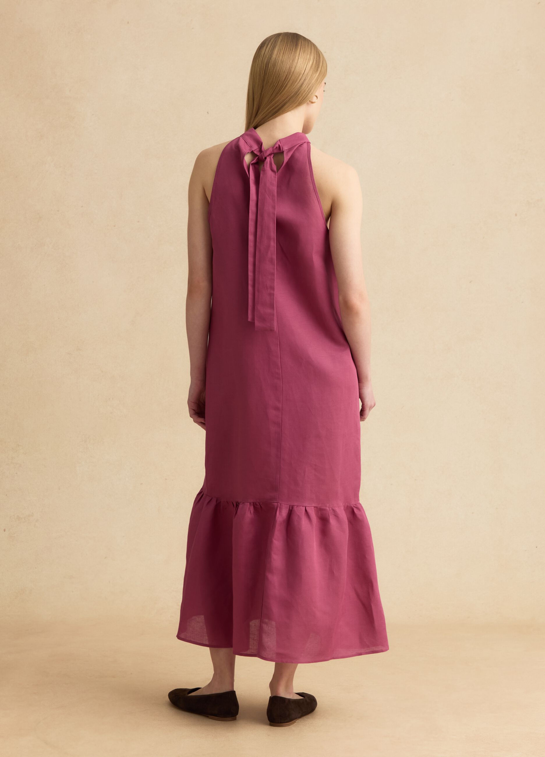 Pink linen-viscose blend halterneck dress, regular fit