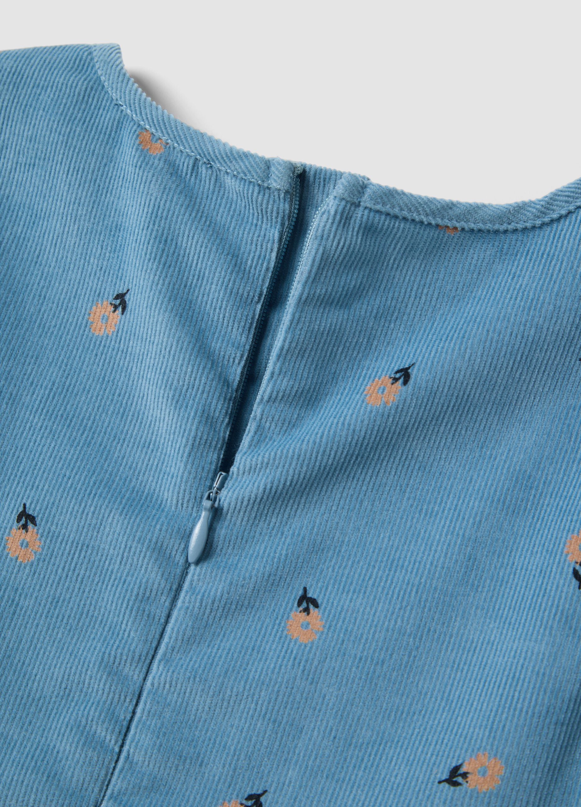 Blue pure cotton ribbed dress with floral print