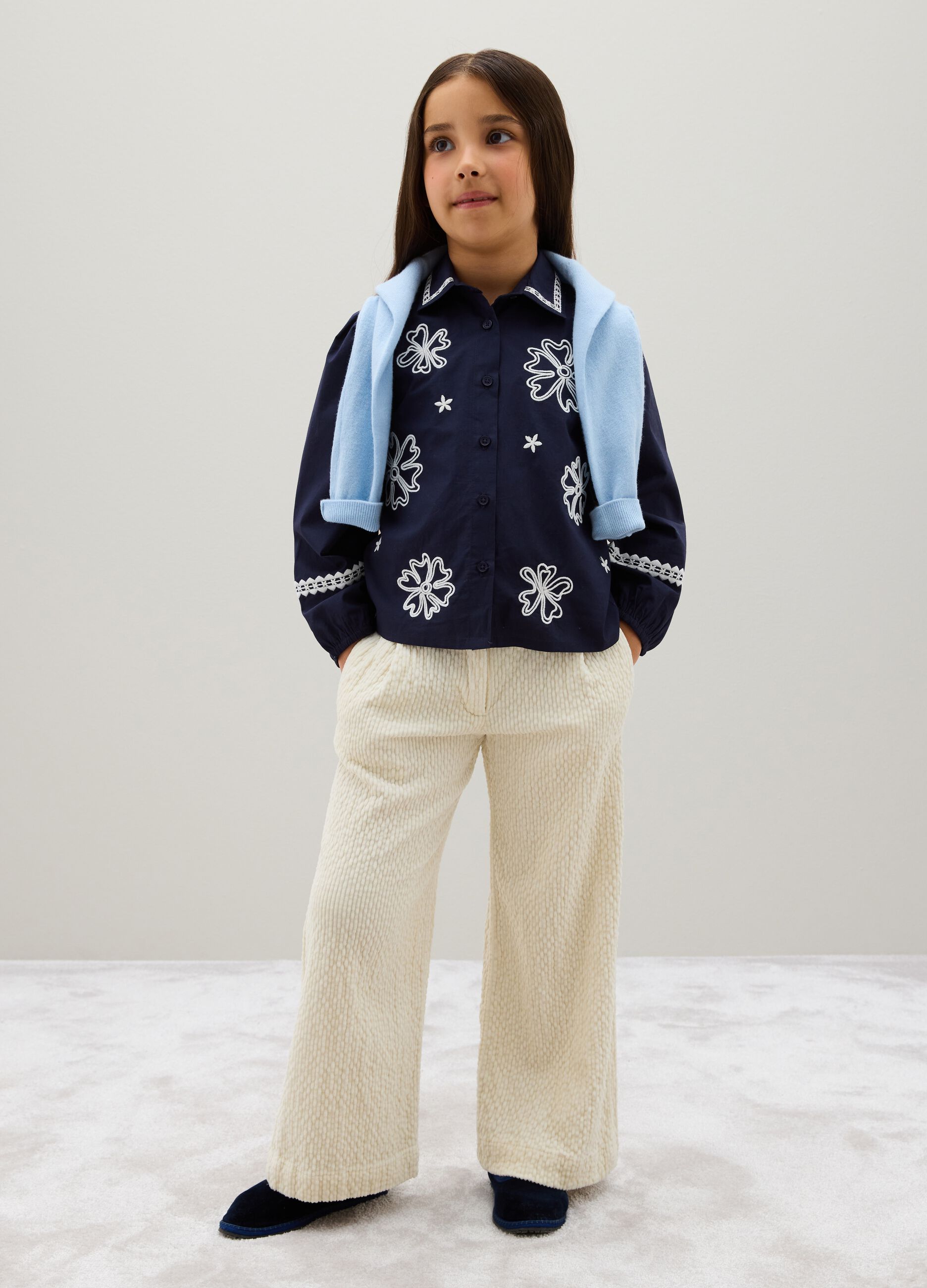 Girls' Beige Velvet Wide Leg Trousers
