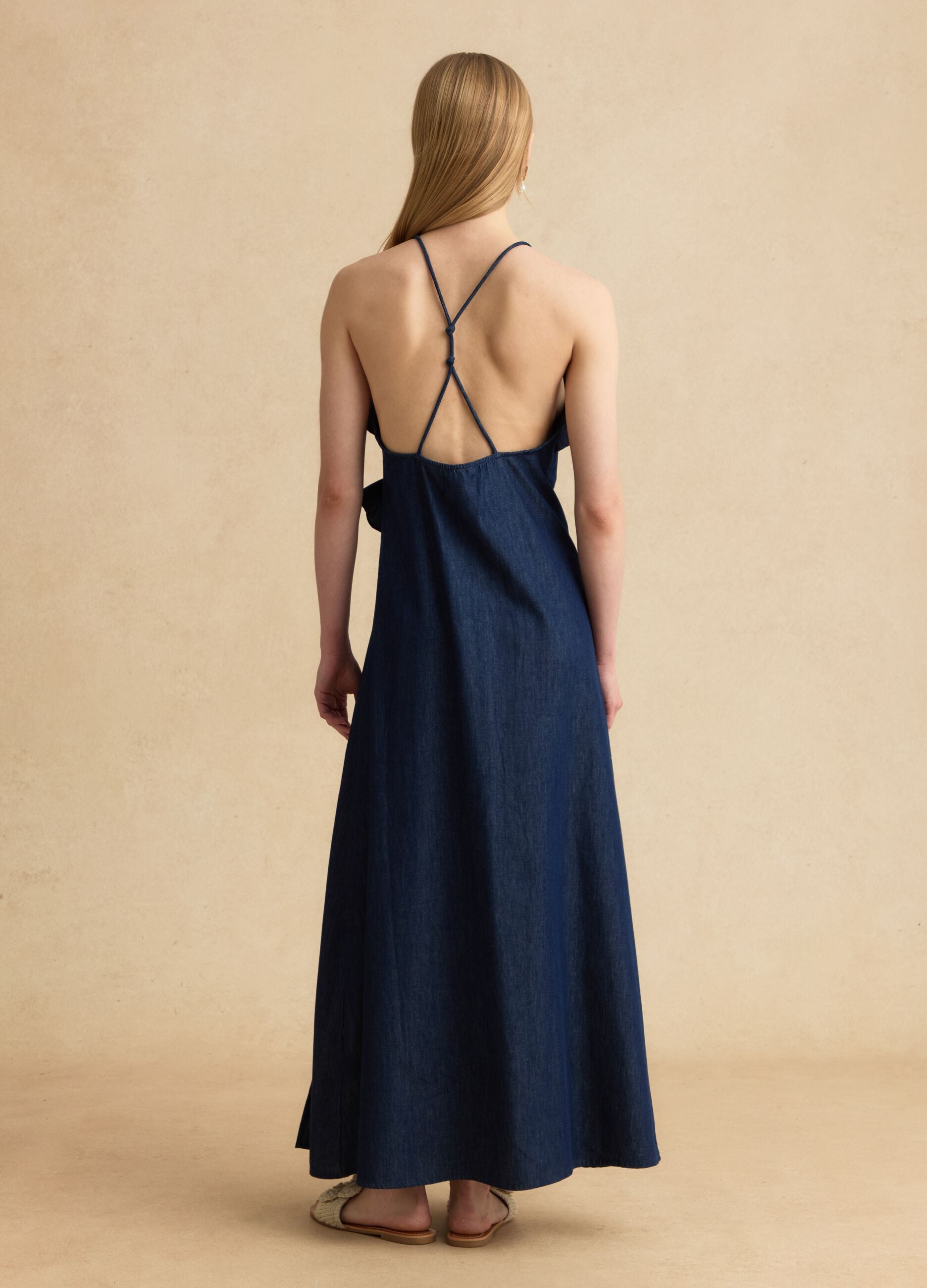 Long blue pure cotton dress with ruffles
