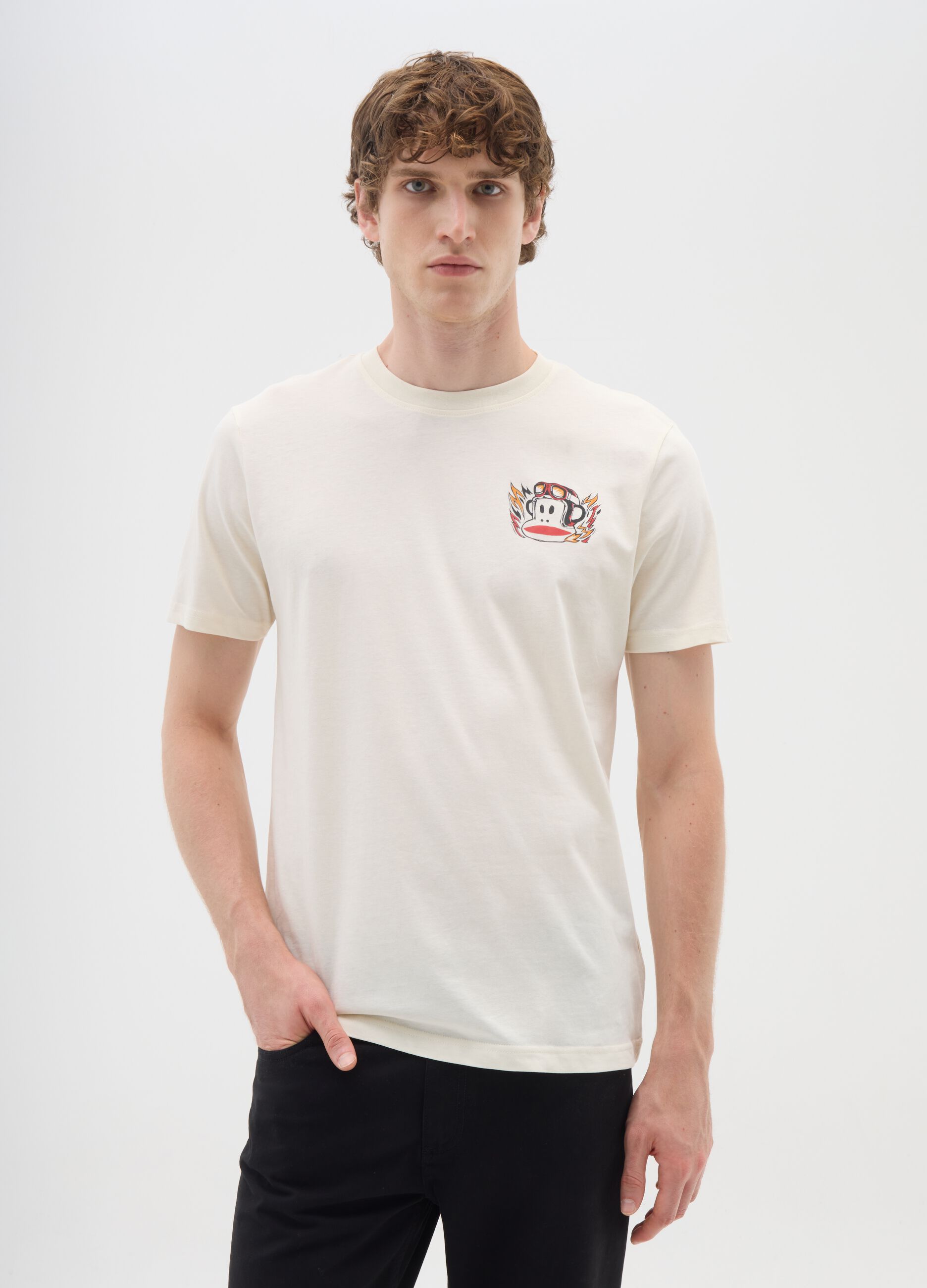 Beige short sleeve T-shirt in pure cotton regular fit