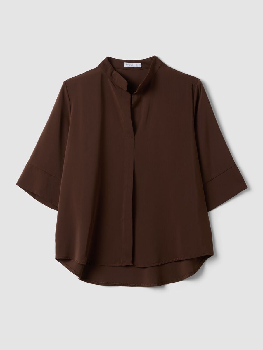 Blusa marrone regular fit con collo alla coreana_0