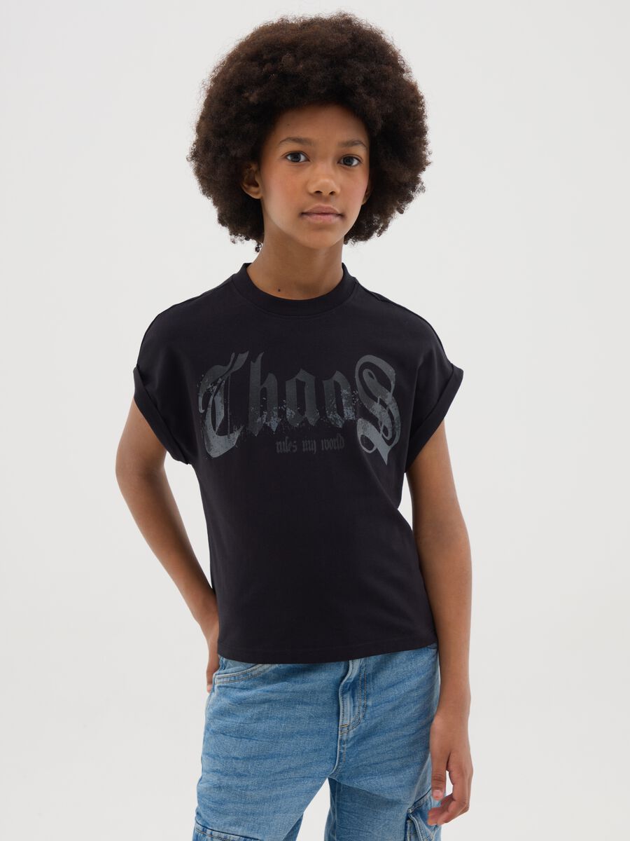 T-shirt da ragazza in puro cotone nero regular fit con stampa_0