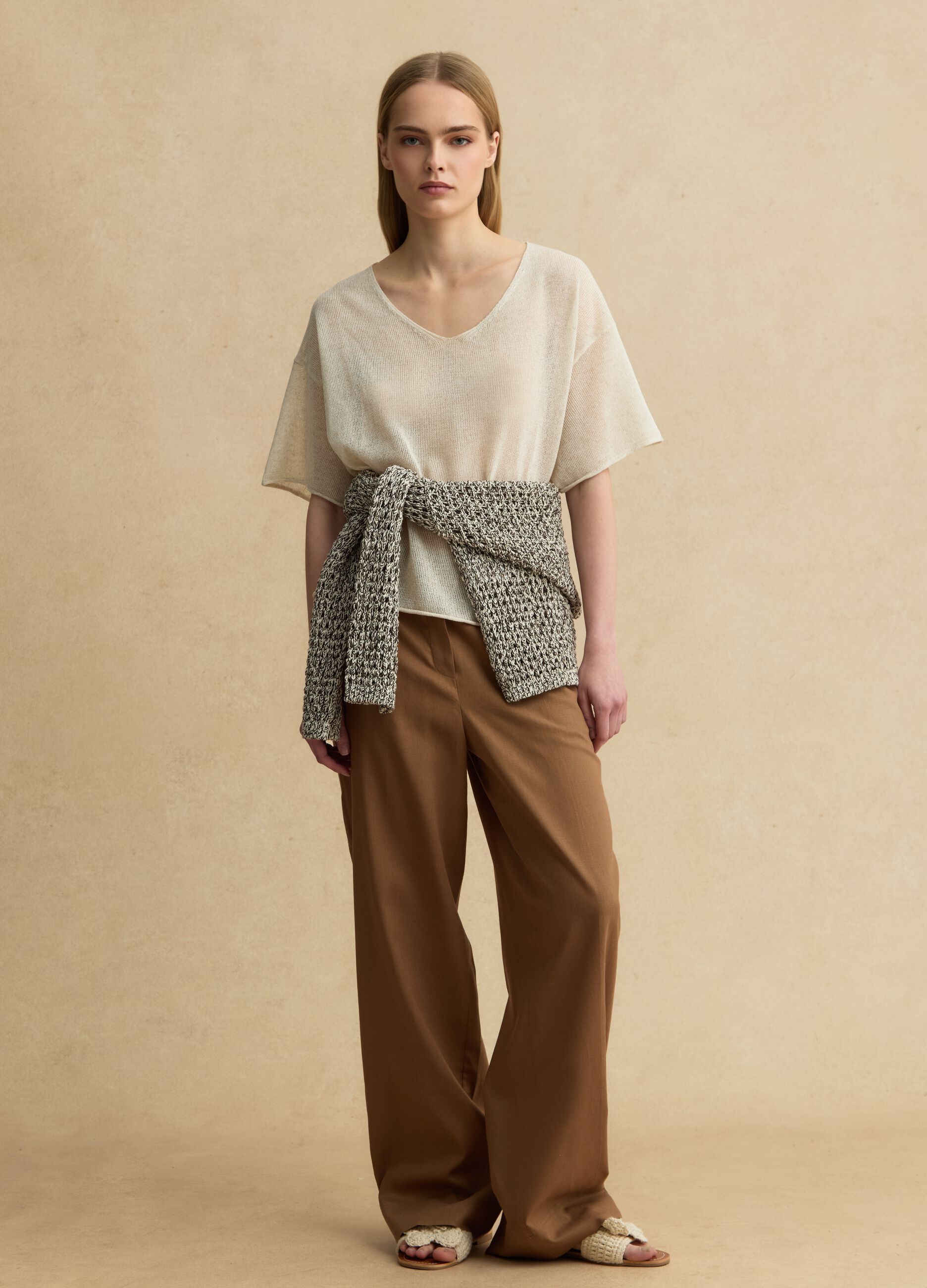 Oversized beige lyocell and linen blend jumper with V-neck