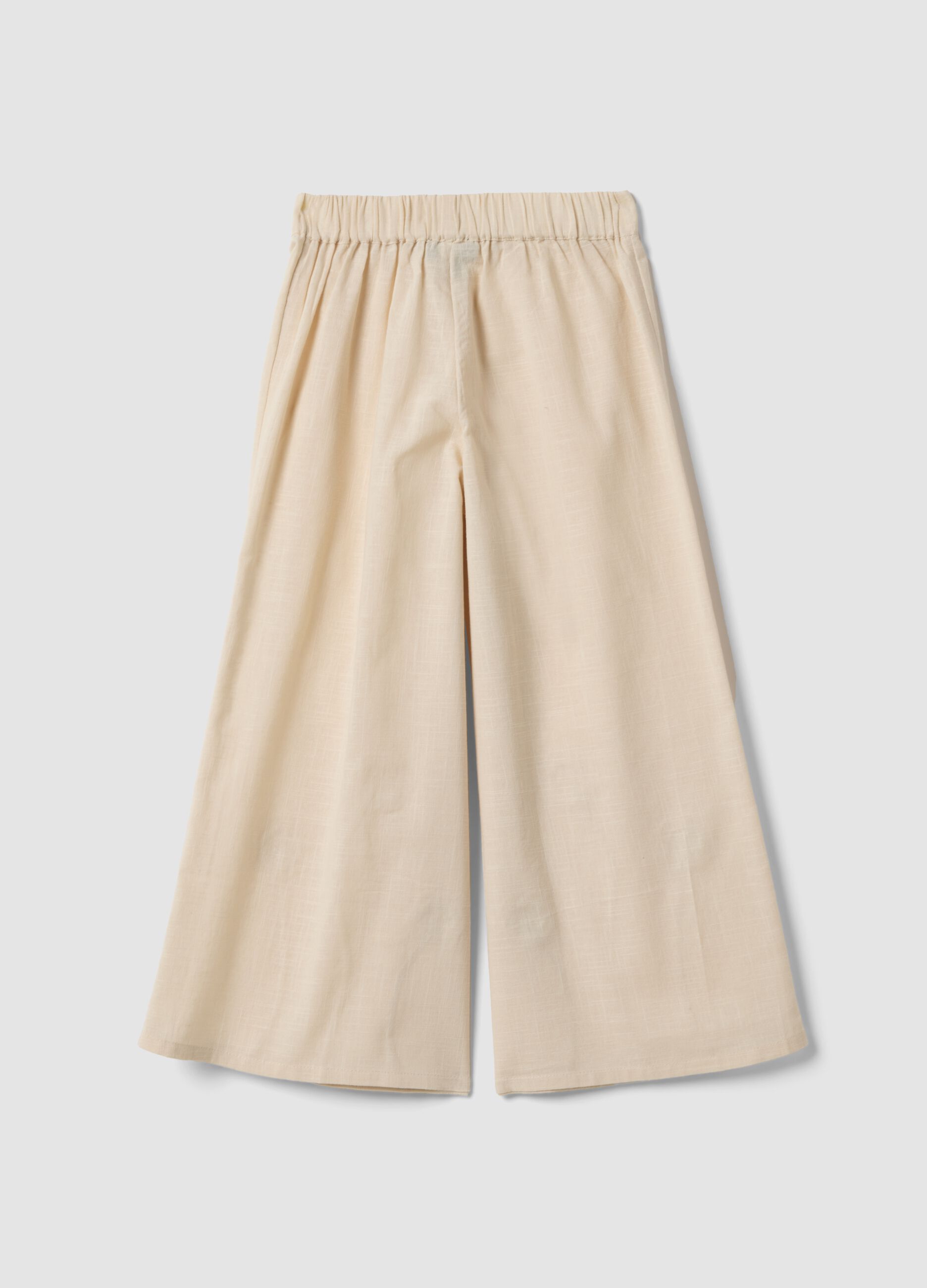 Girl's wide leg beige cotton trousers with floral embroidery