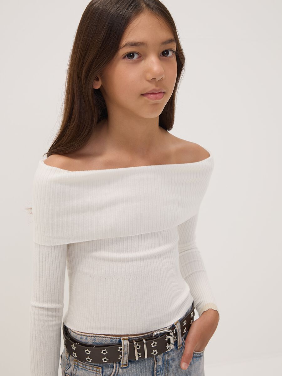 White viscose-blend fitted boat-neck top_1