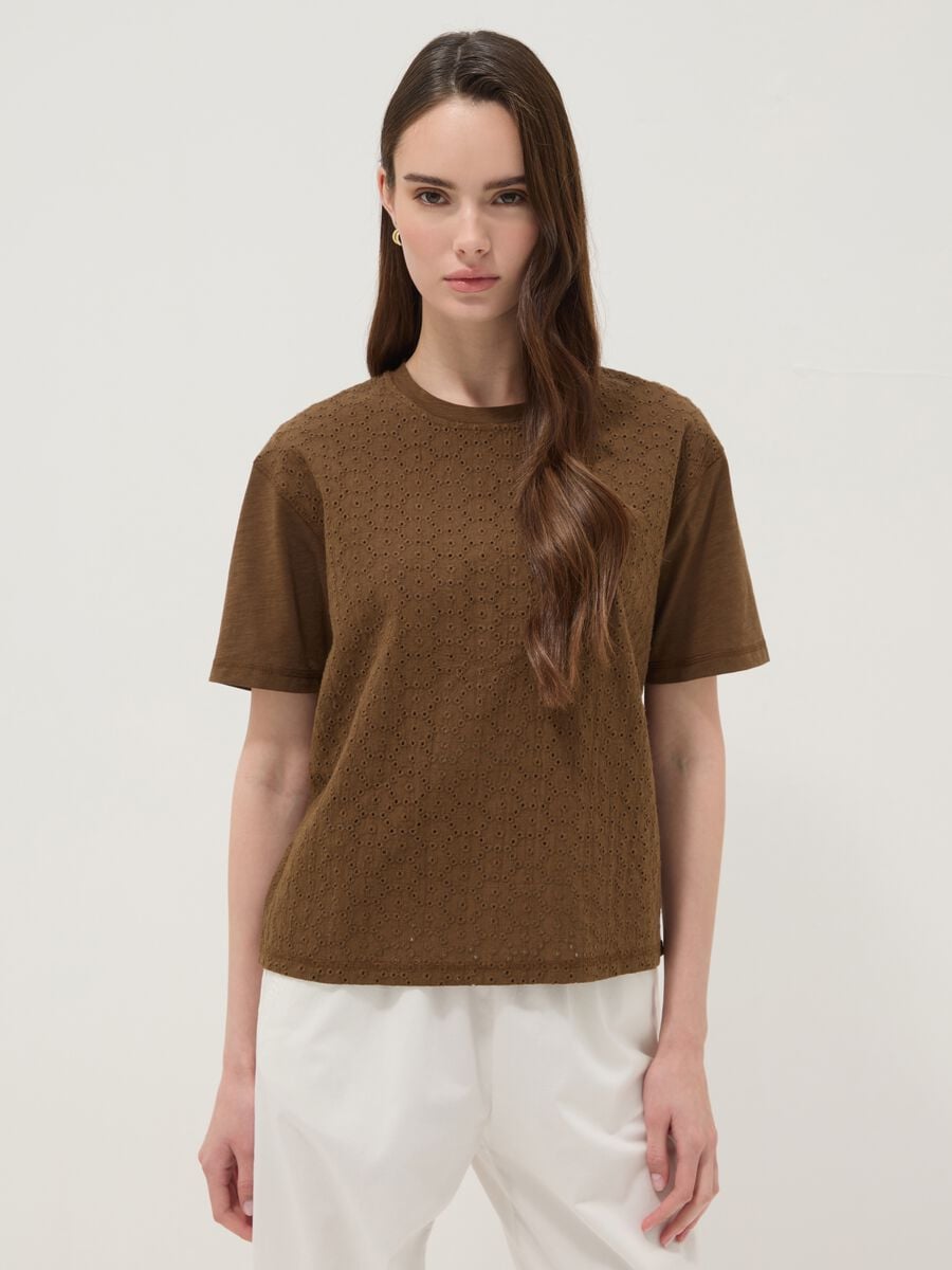 Brown pure cotton T-shirt with broderie anglaise embroidery_1