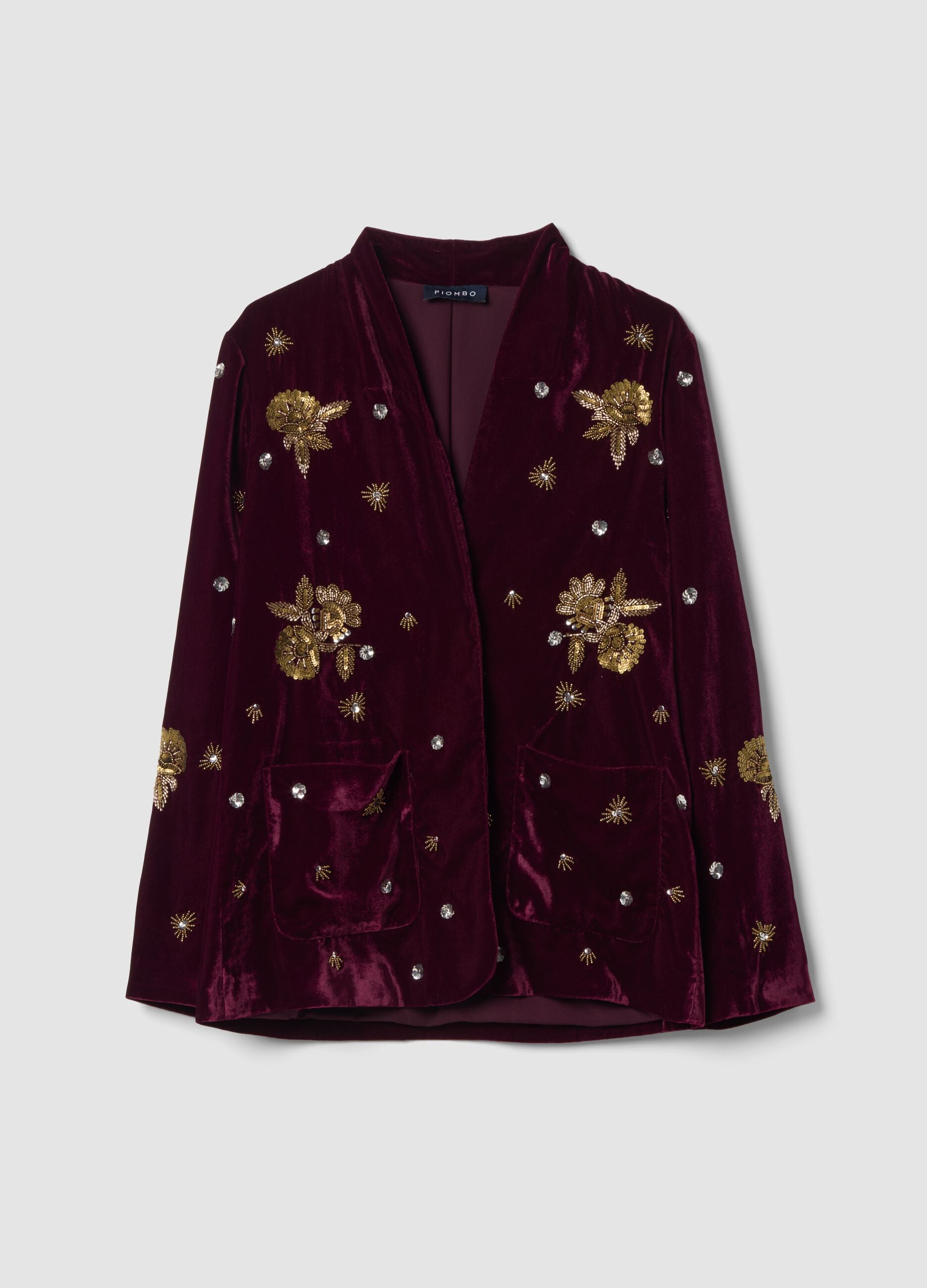 Red velvet regular-fit blazer with floral embroidery