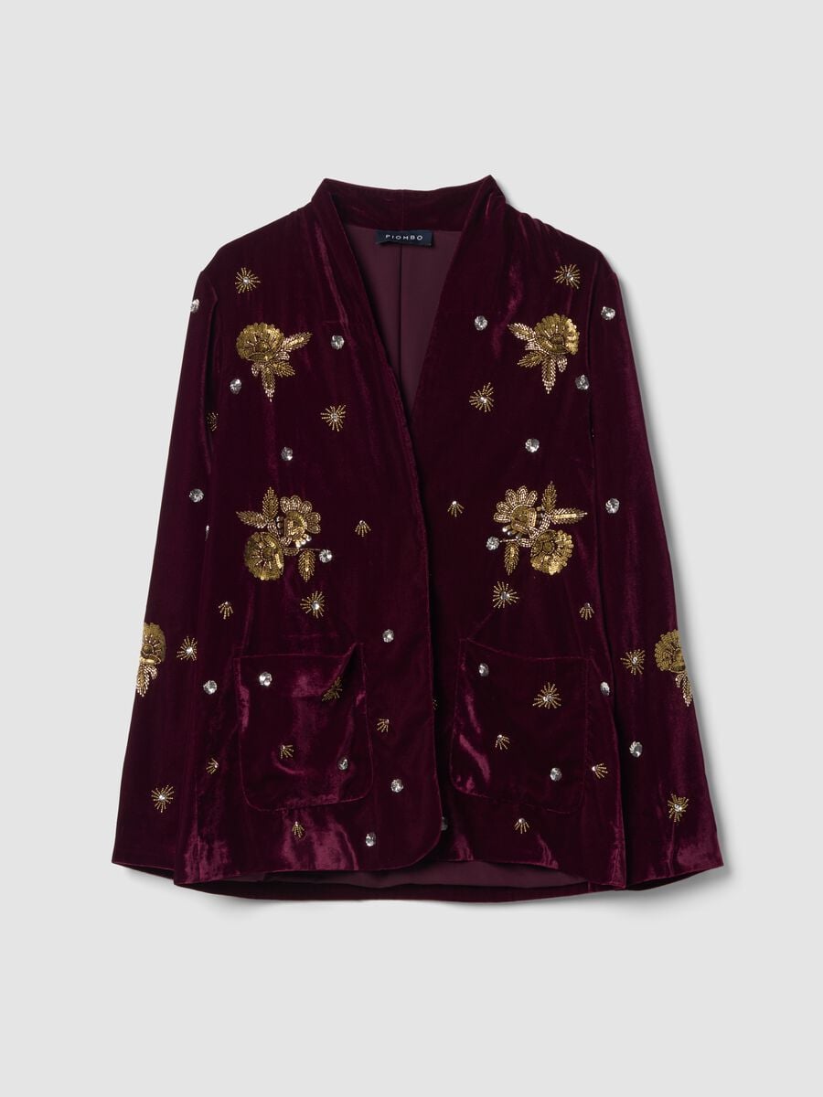 Velvet blazer rosso regular fit con ricami floreali_0